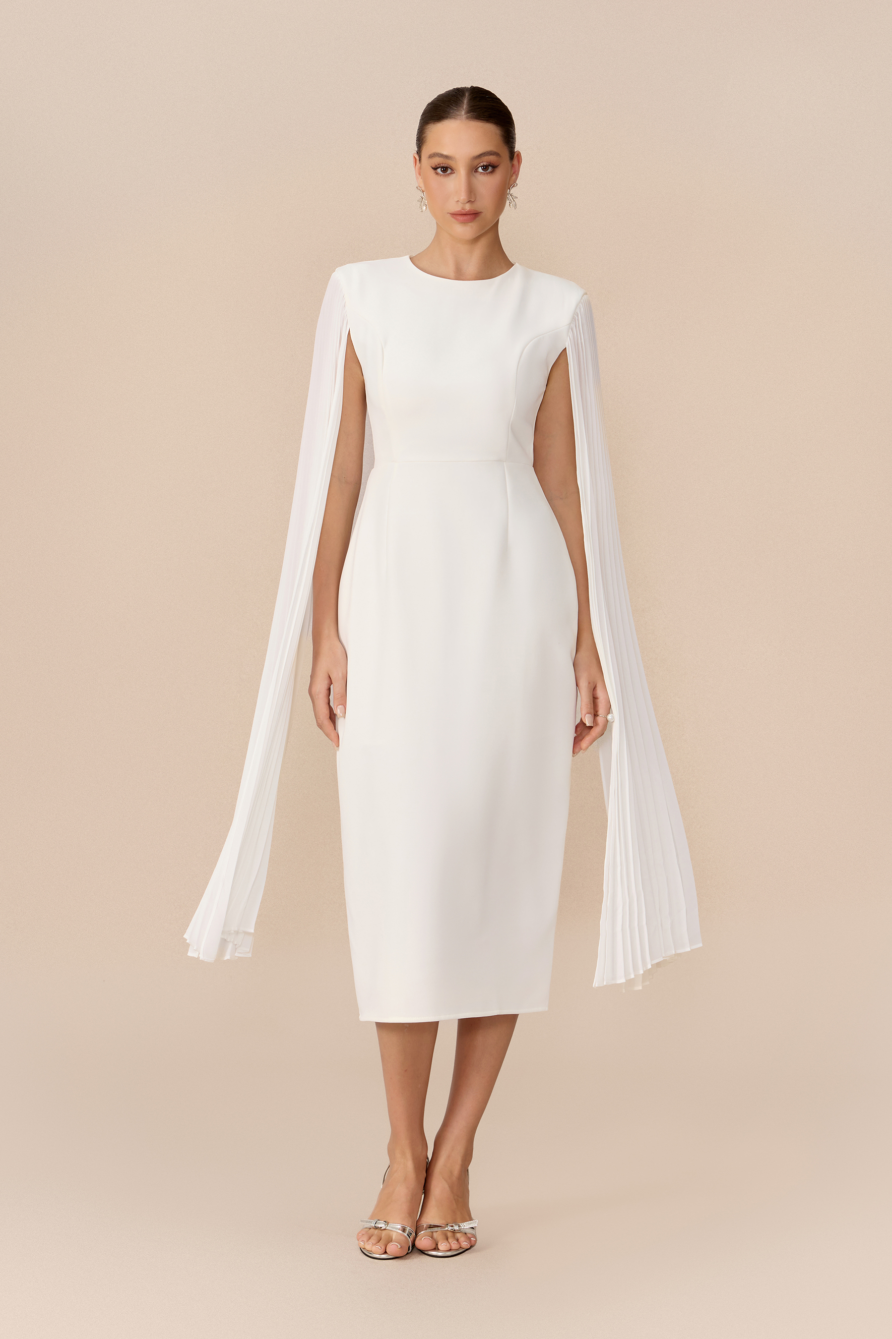 Pure Elegance White Pleated Cape Round Neck Midi Dress