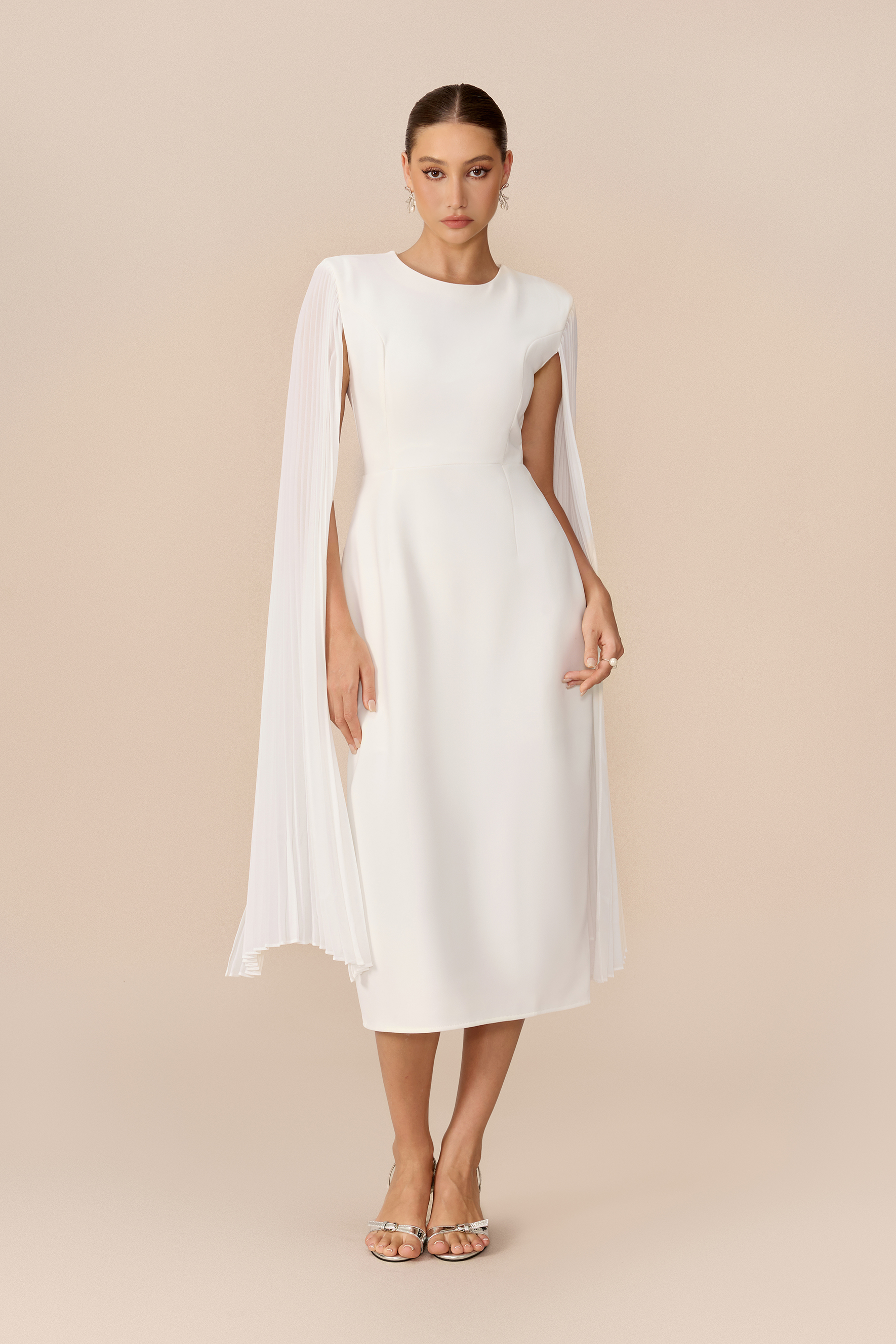 Pure Elegance White Pleated Cape Round Neck Midi Dress