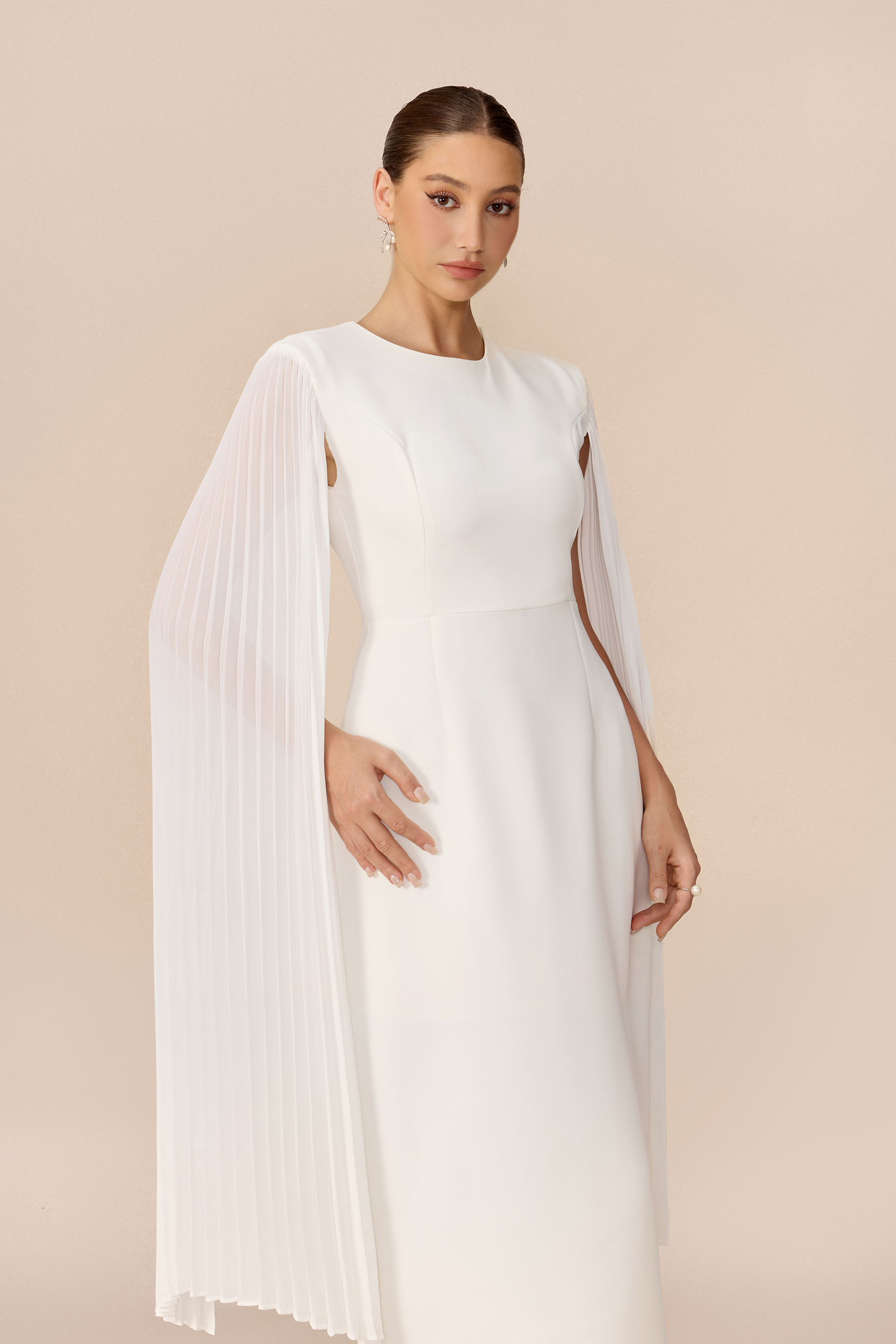 Pure Elegance White Pleated Cape Round Neck Midi Dress