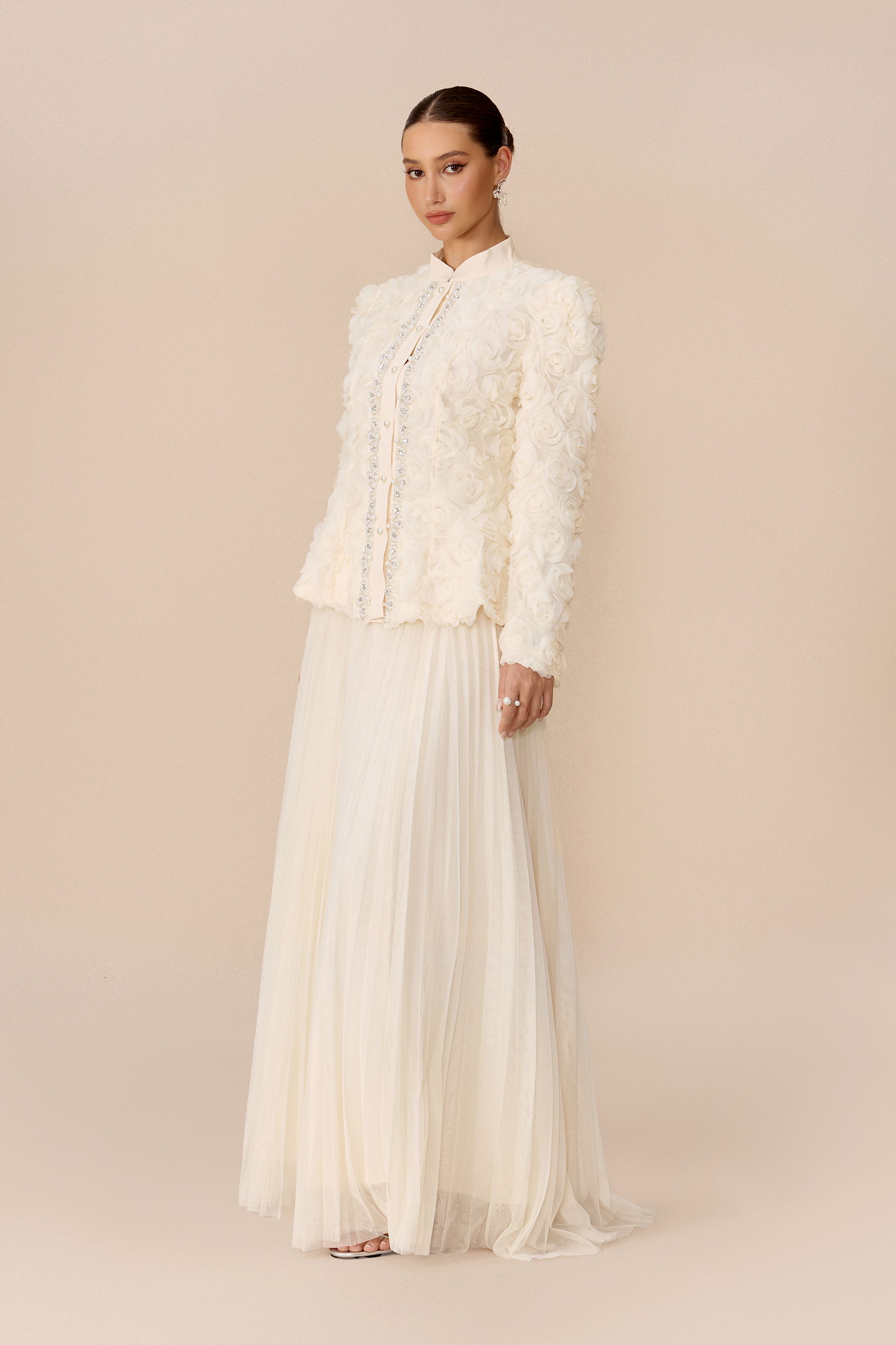 Darling Daydream Beige Rose Applique Top & Pleated Skirt Set