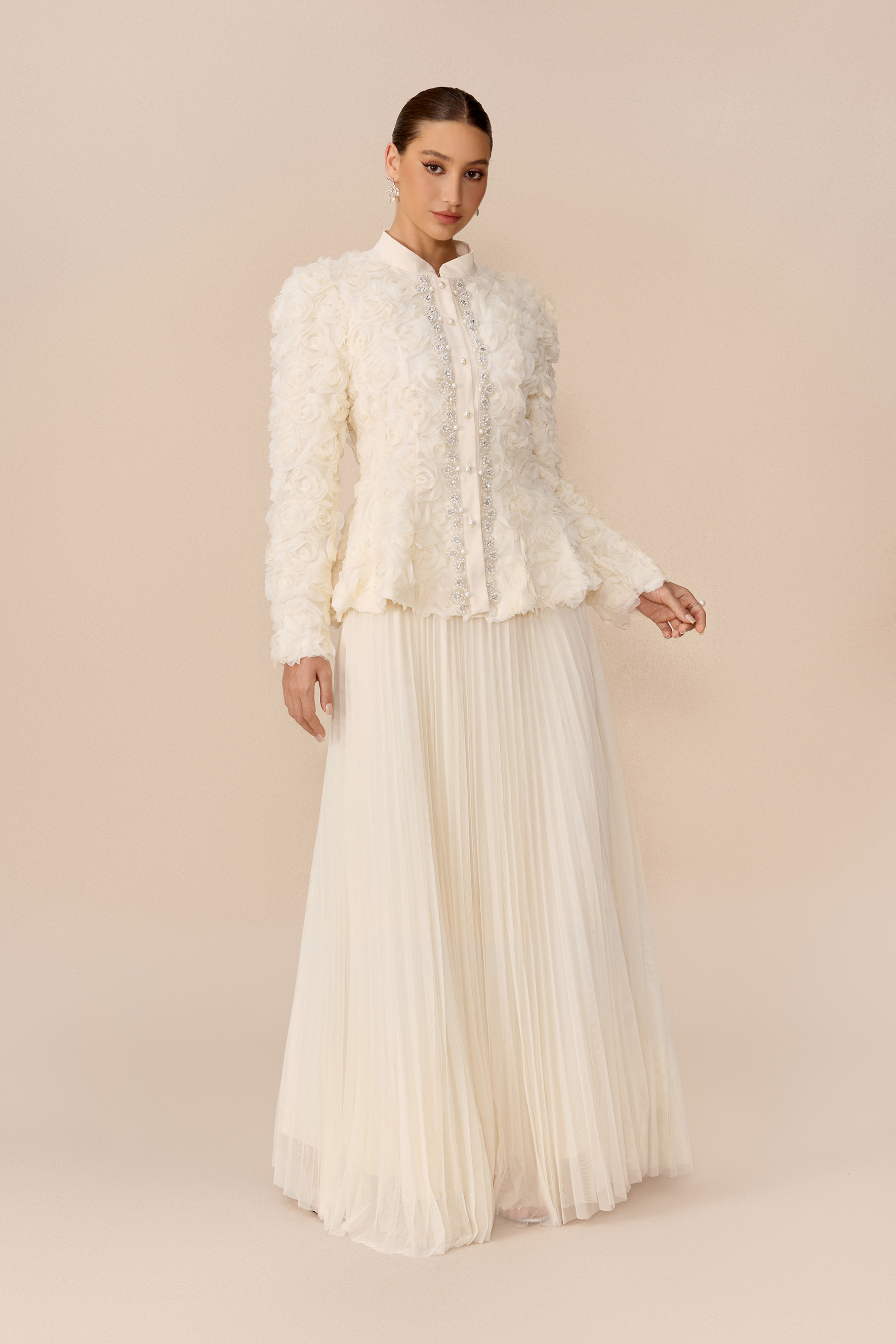 Darling Daydream Beige Rose Applique Top & Pleated Skirt Set