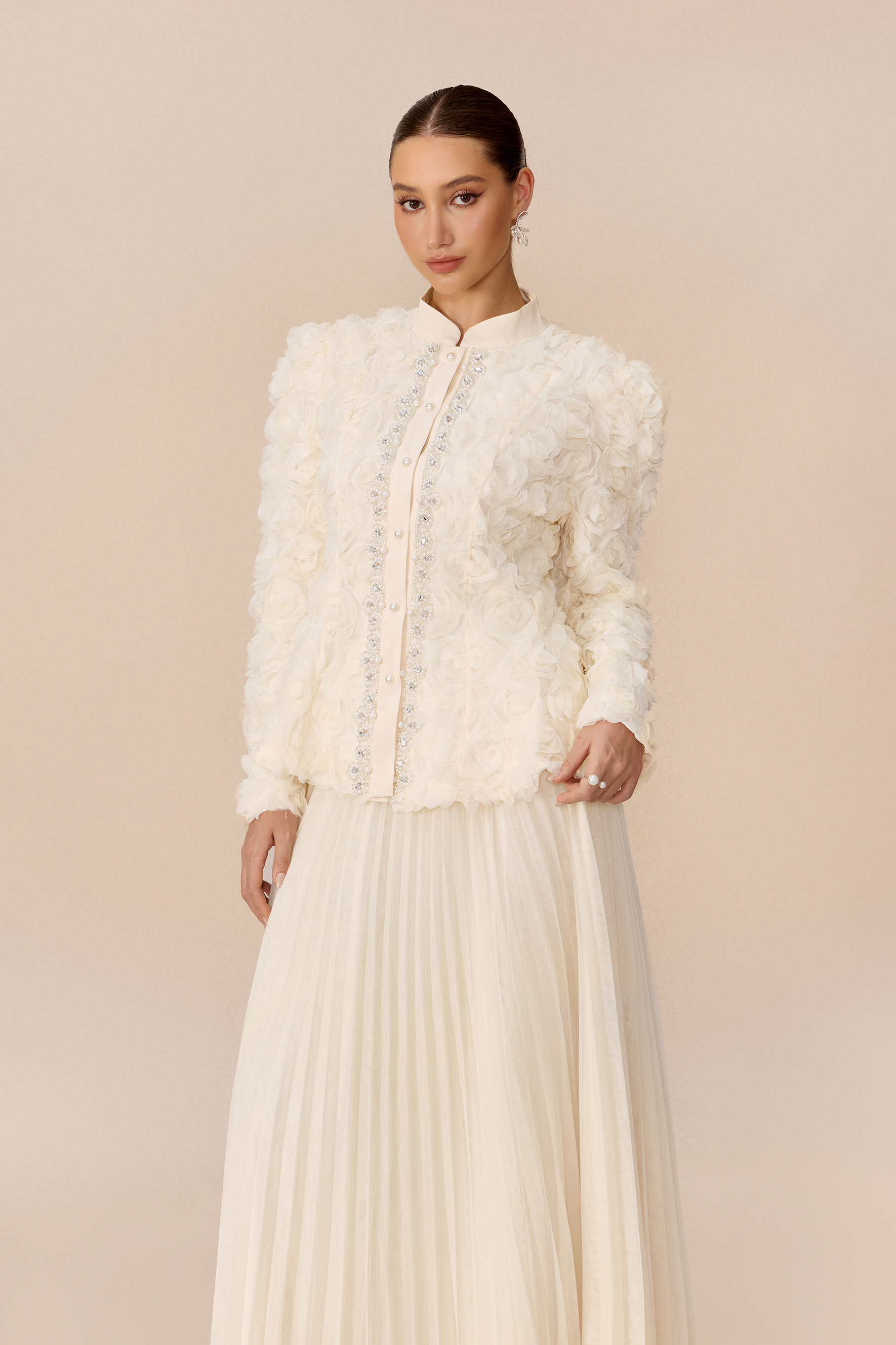 Darling Daydream Beige Rose Applique Top & Pleated Skirt Set