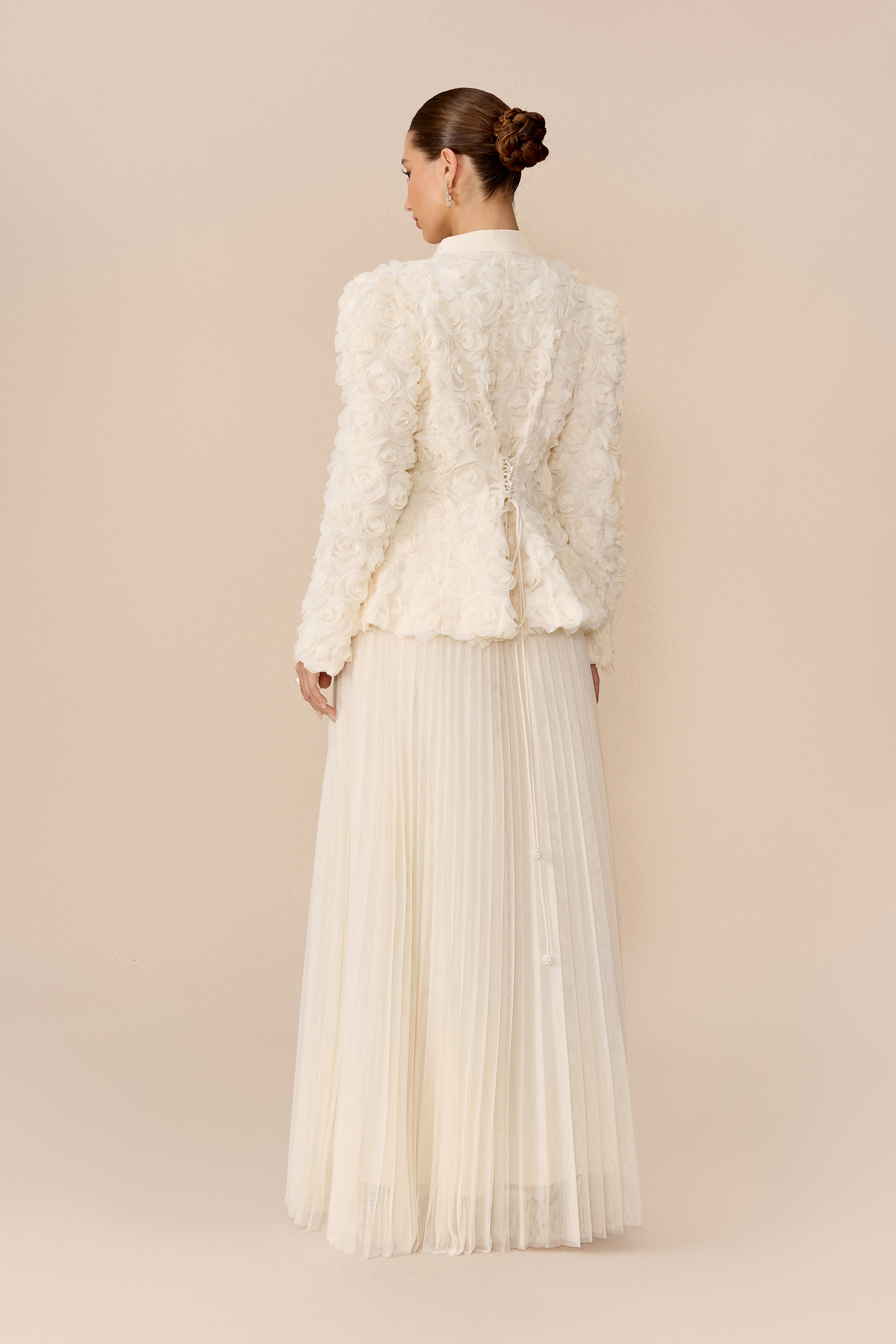 Darling Daydream Beige Rose Applique Top & Pleated Skirt Set