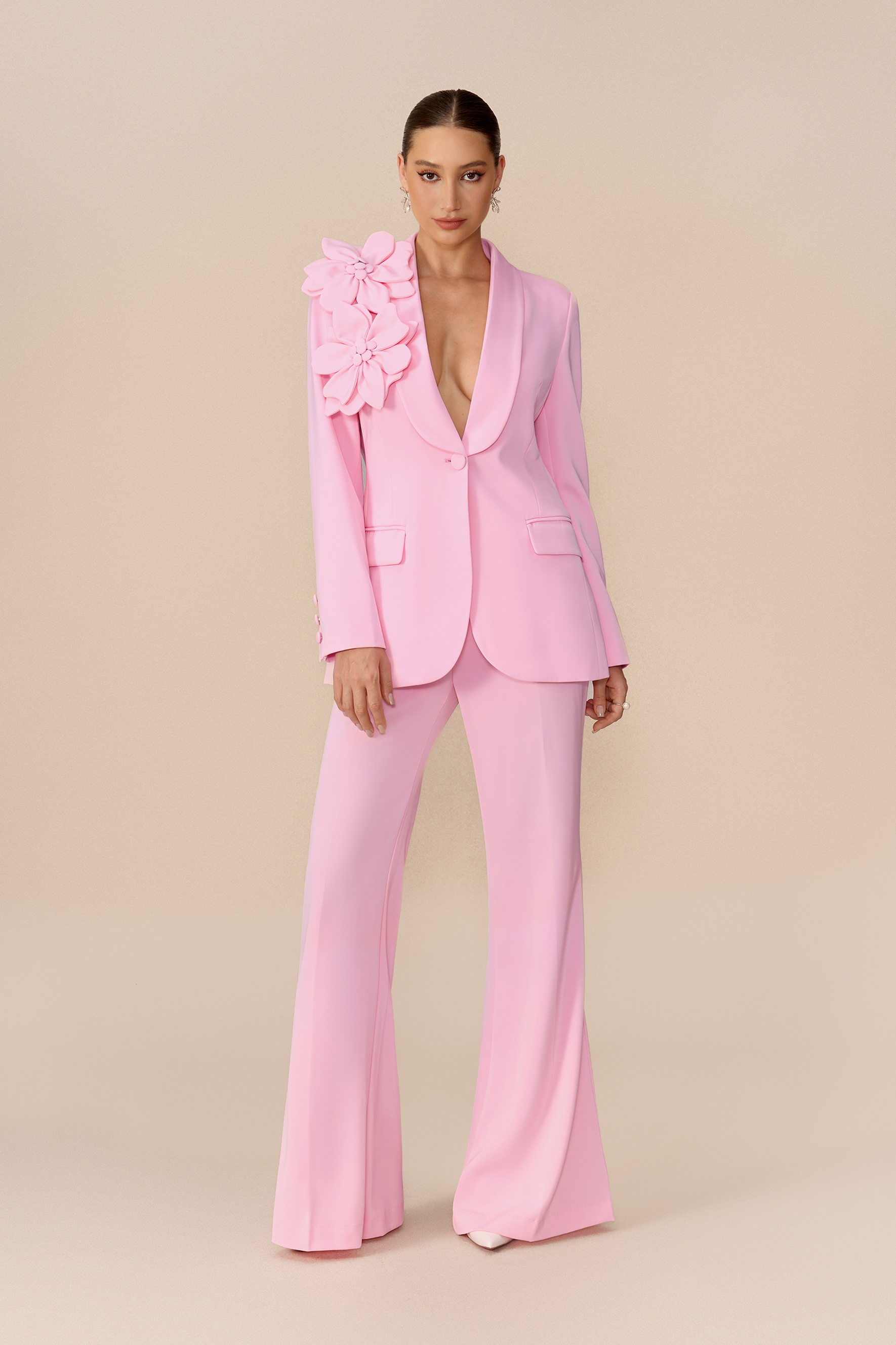 The Special One Pink Floral Applique Blazer & Flare Pants Set