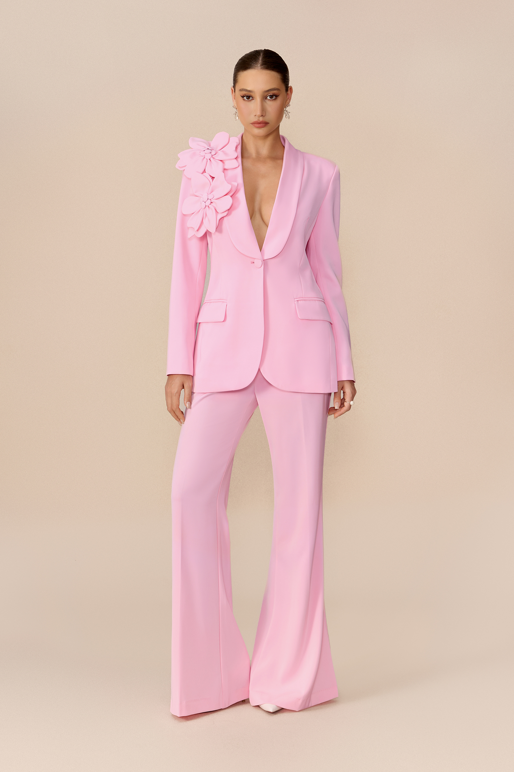 The Special One Pink Floral Applique Blazer & Flare Pants Set