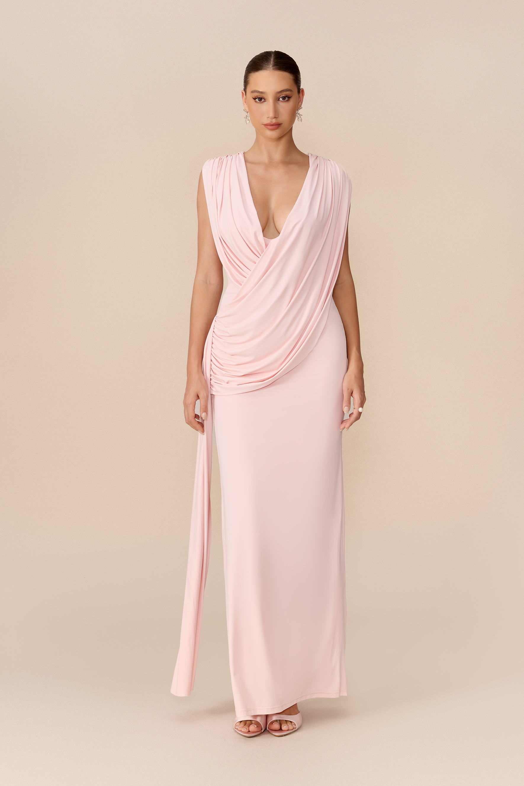 Love At First Pink Deep V Neck Ruched Maxi Dress