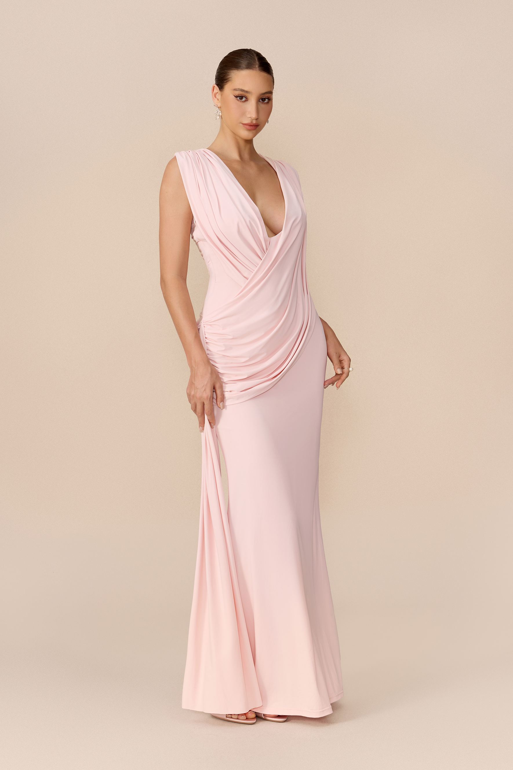 Love At First Pink Deep V Neck Ruched Maxi Dress