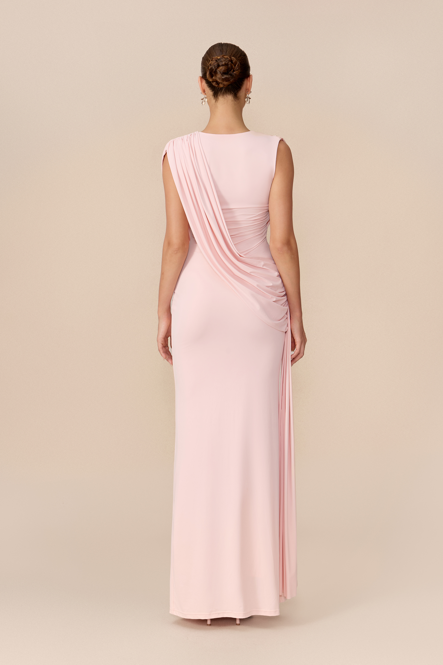 Love At First Pink Deep V Neck Ruched Maxi Dress