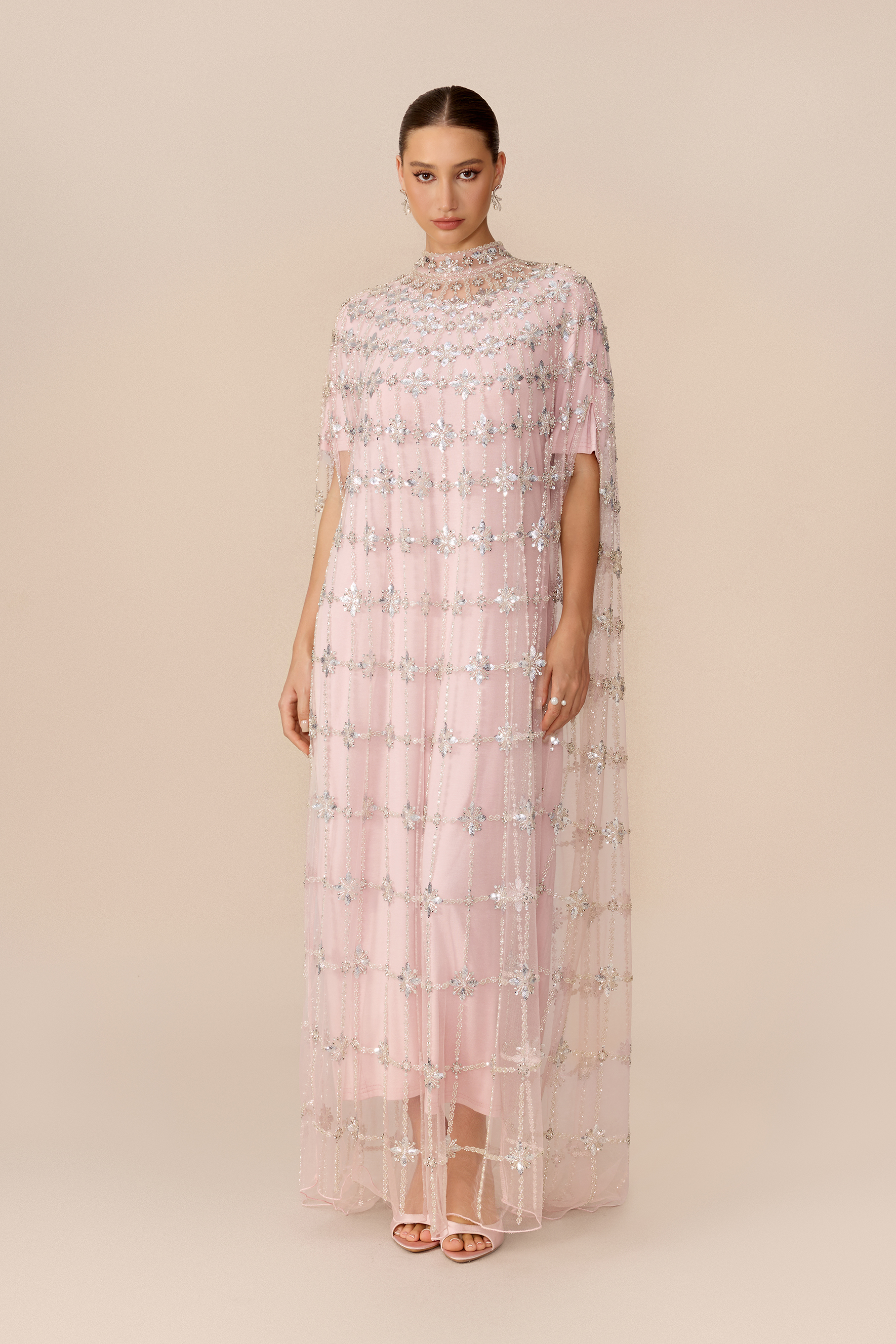 The Main Event Pink Crystal Embellished Cape Sleeve Maxi Dress