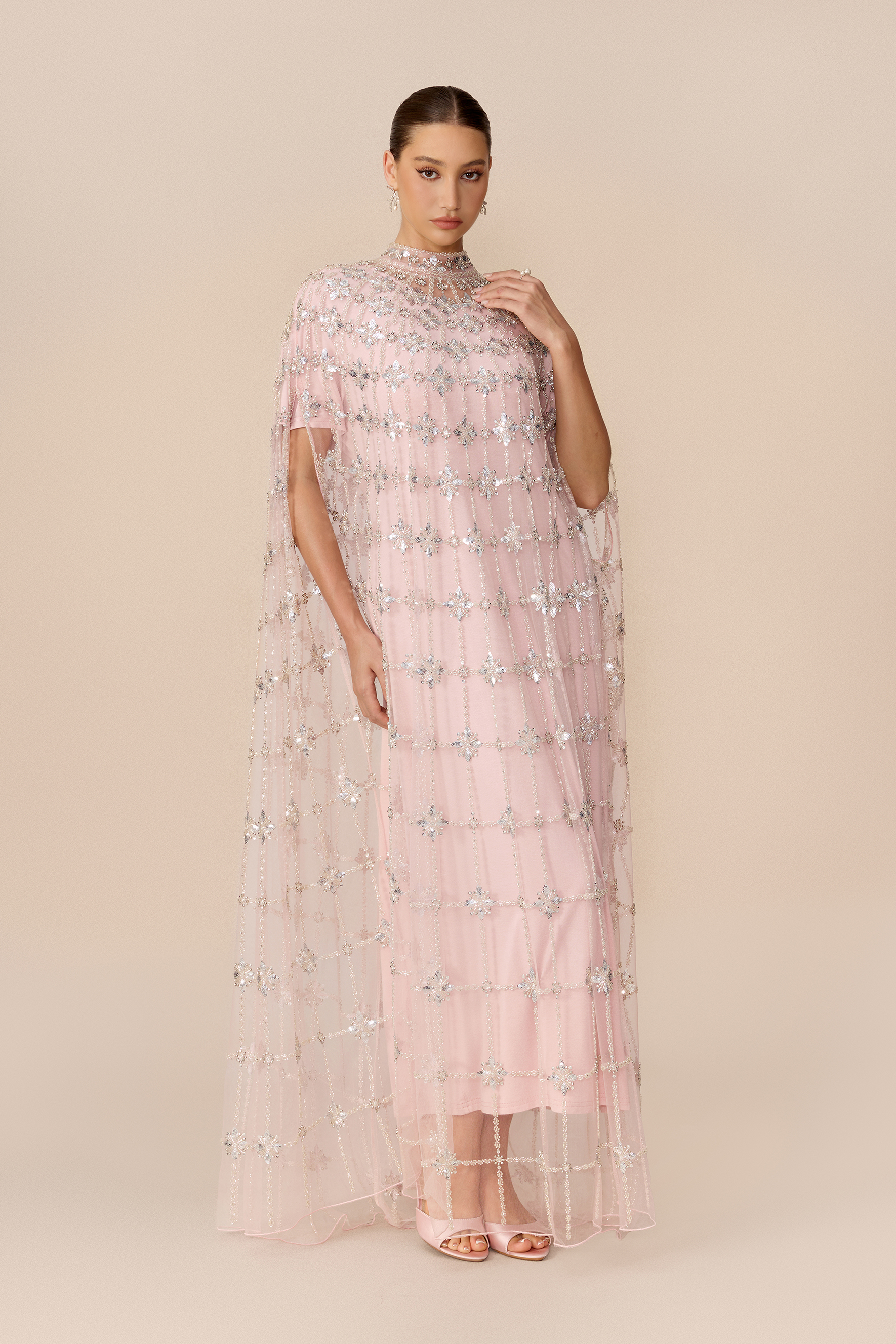 The Main Event Pink Crystal Embellished Cape Sleeve Maxi Dress
