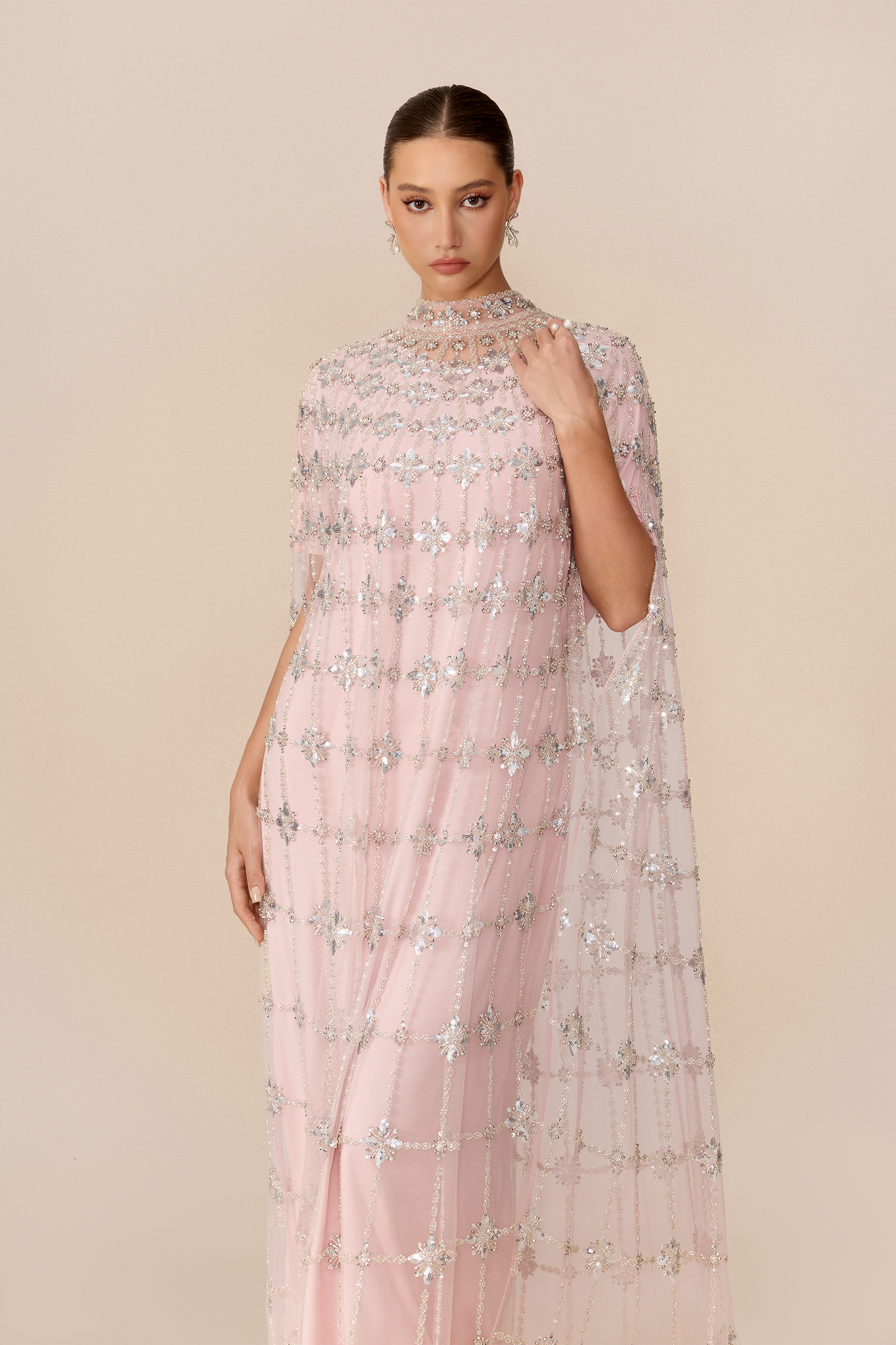 The Main Event Pink Crystal Embellished Cape Sleeve Maxi Dress