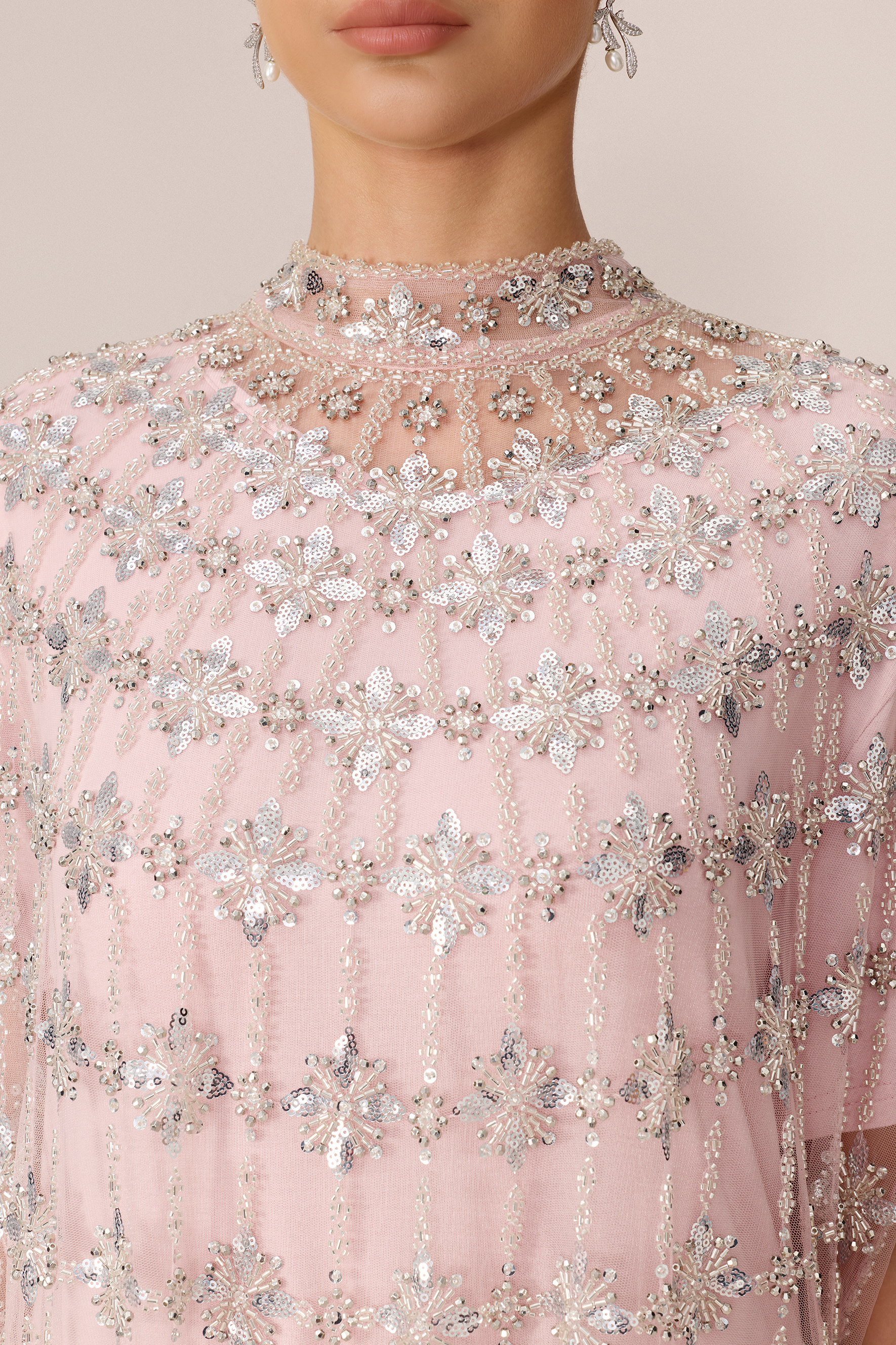 The Main Event Pink Crystal Embellished Cape Sleeve Maxi Dress