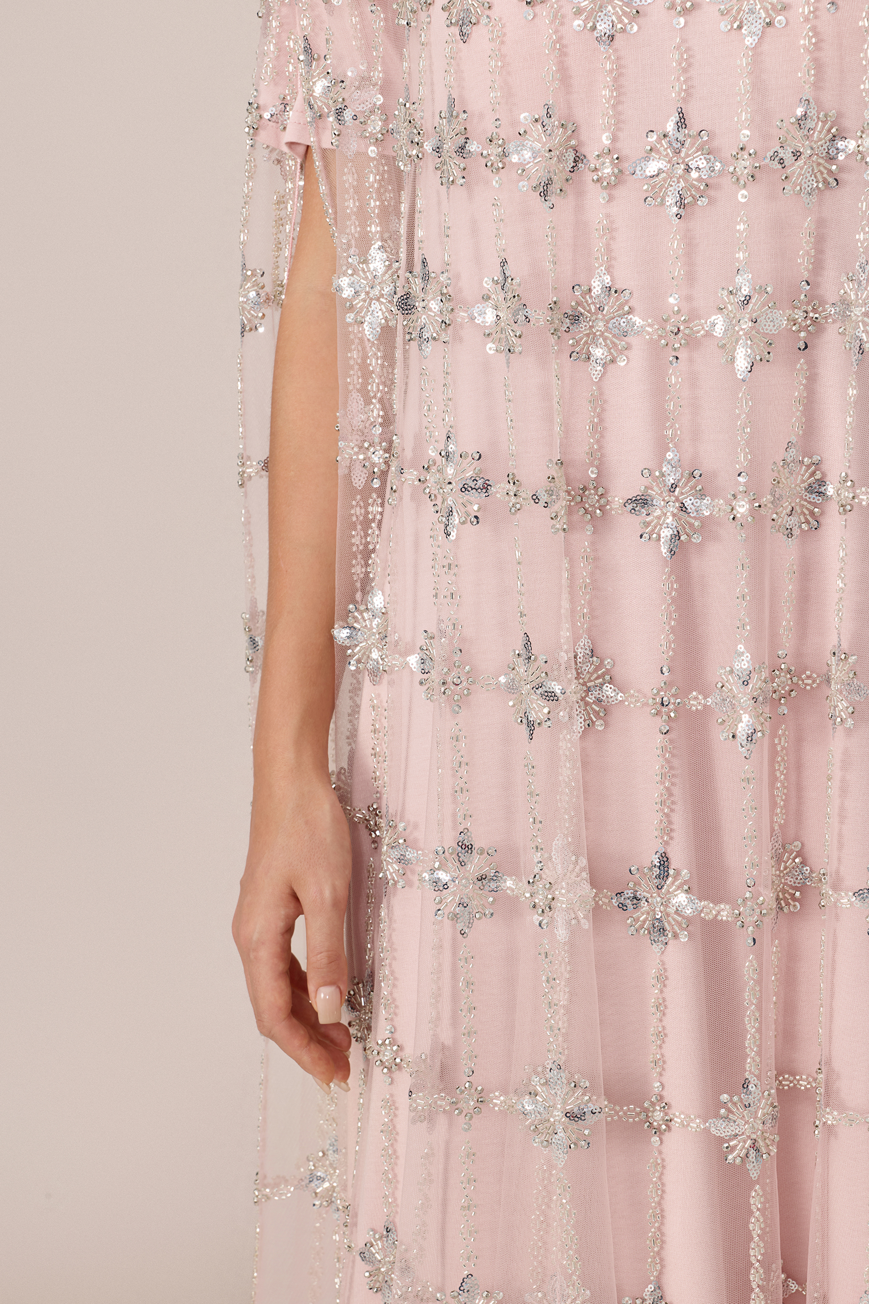 The Main Event Pink Crystal Embellished Cape Sleeve Maxi Dress