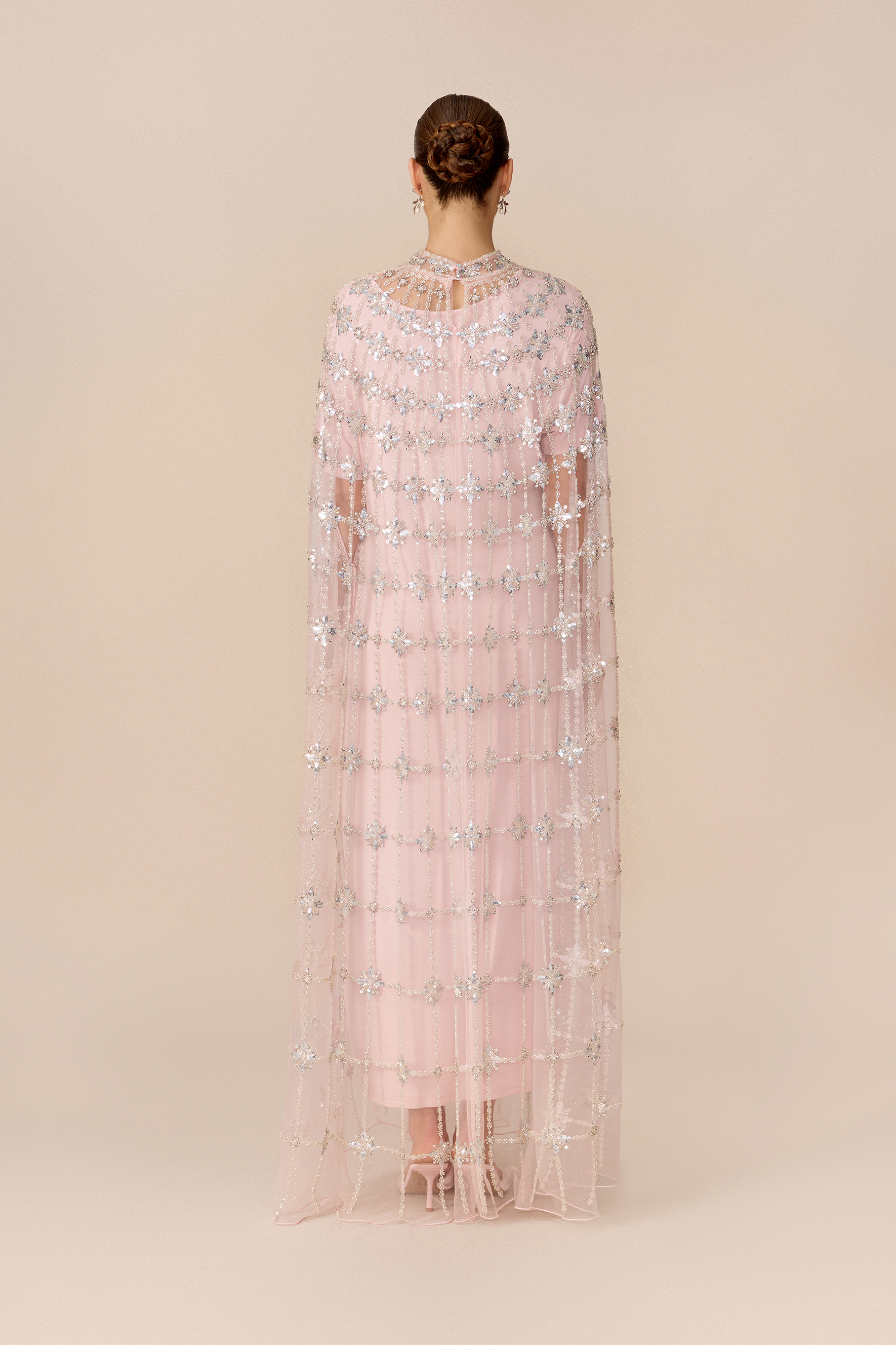 The Main Event Pink Crystal Embellished Cape Sleeve Maxi Dress
