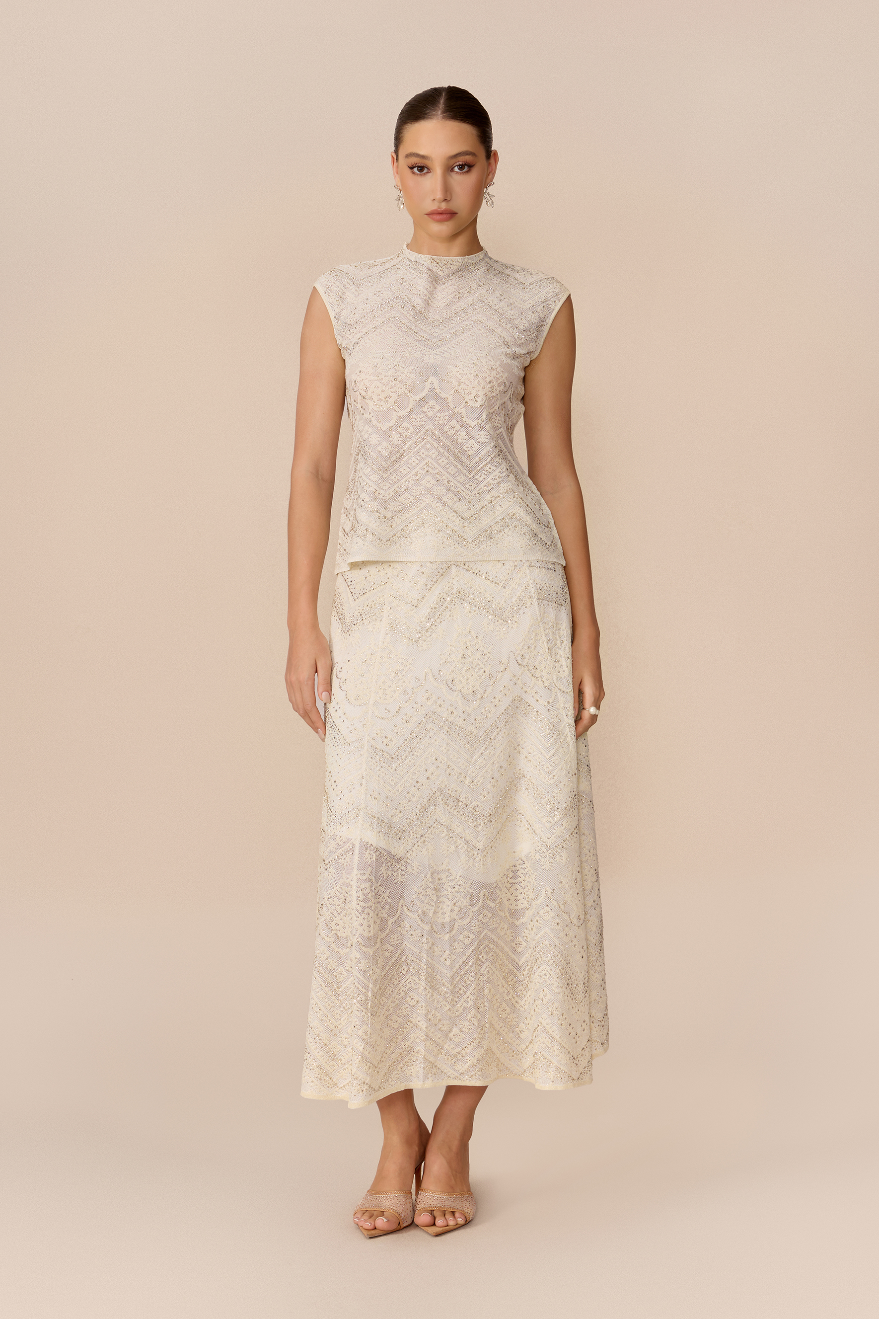 Signature Moment Beige Rhinestone Embellished Top & Skirt Set