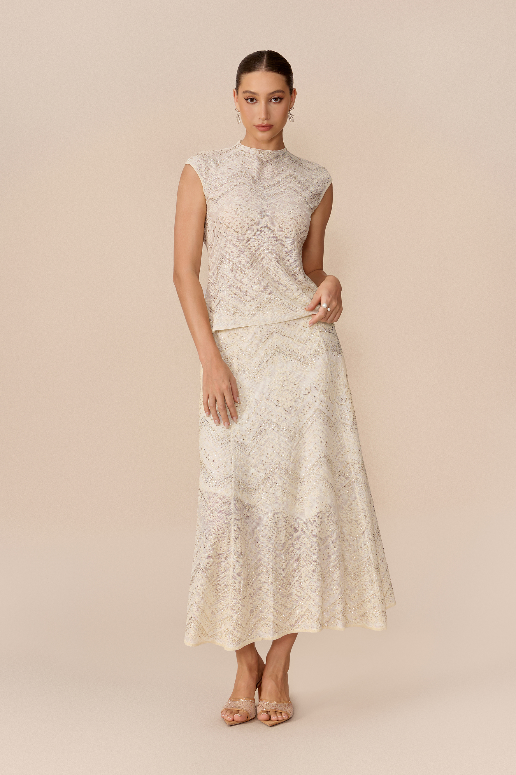Signature Moment Beige Rhinestone Embellished Top & Skirt Set