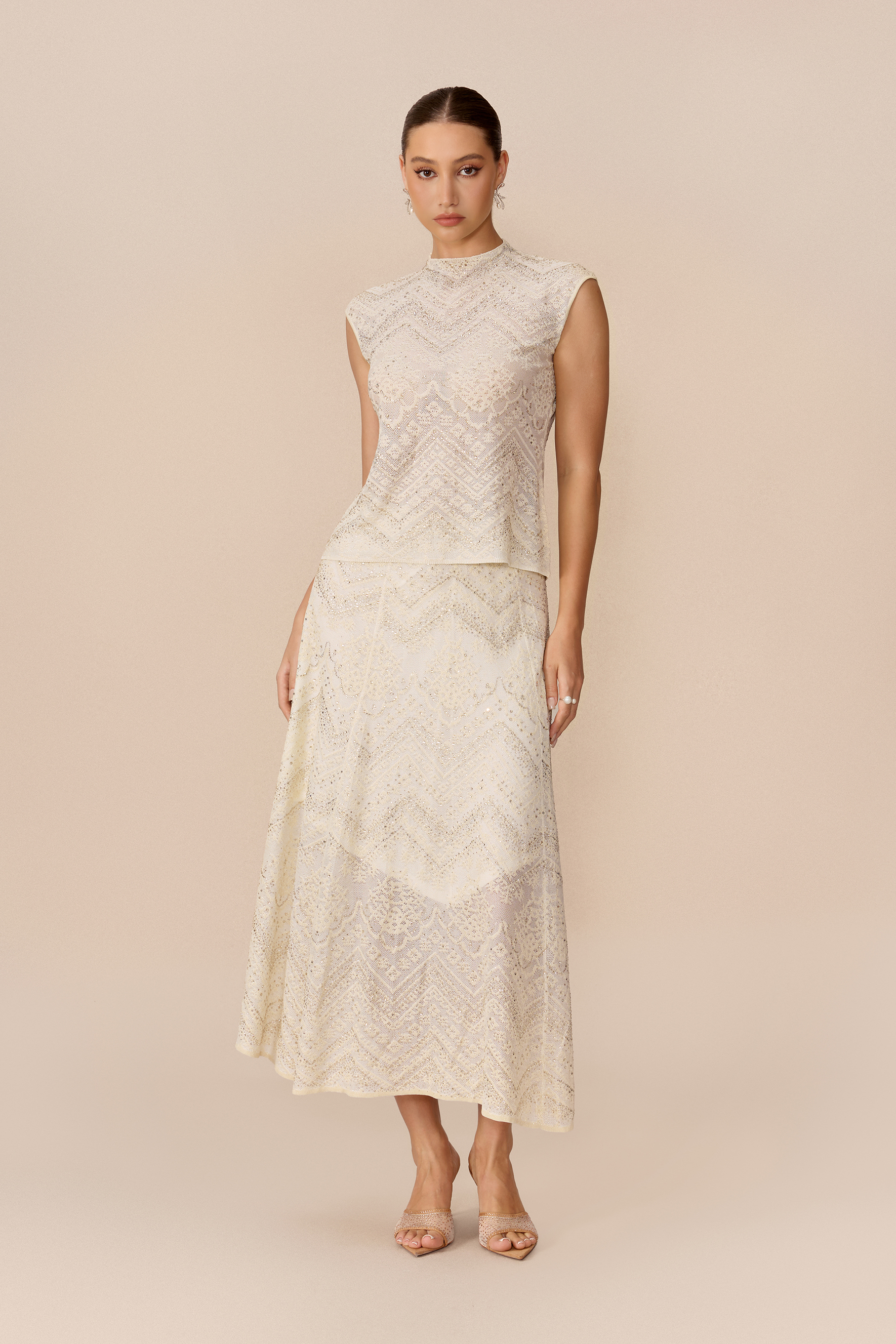 Signature Moment Beige Rhinestone Embellished Top & Skirt Set