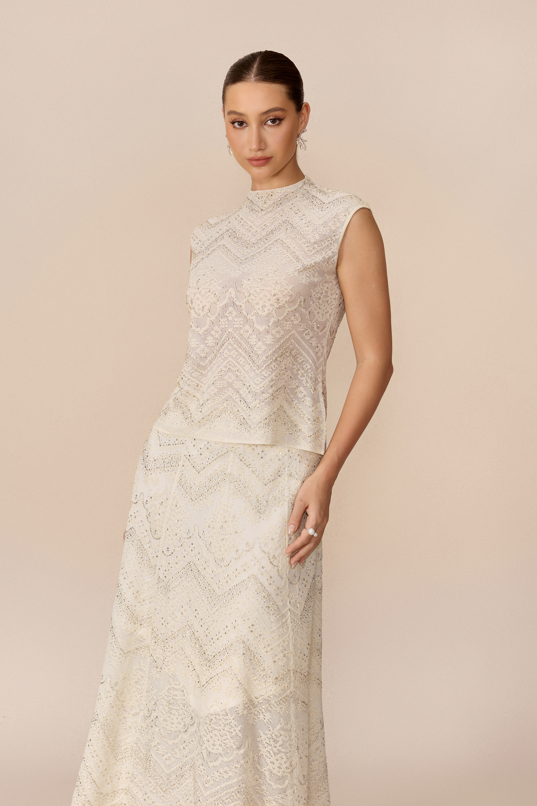 Signature Moment Beige Rhinestone Embellished Top & Skirt Set