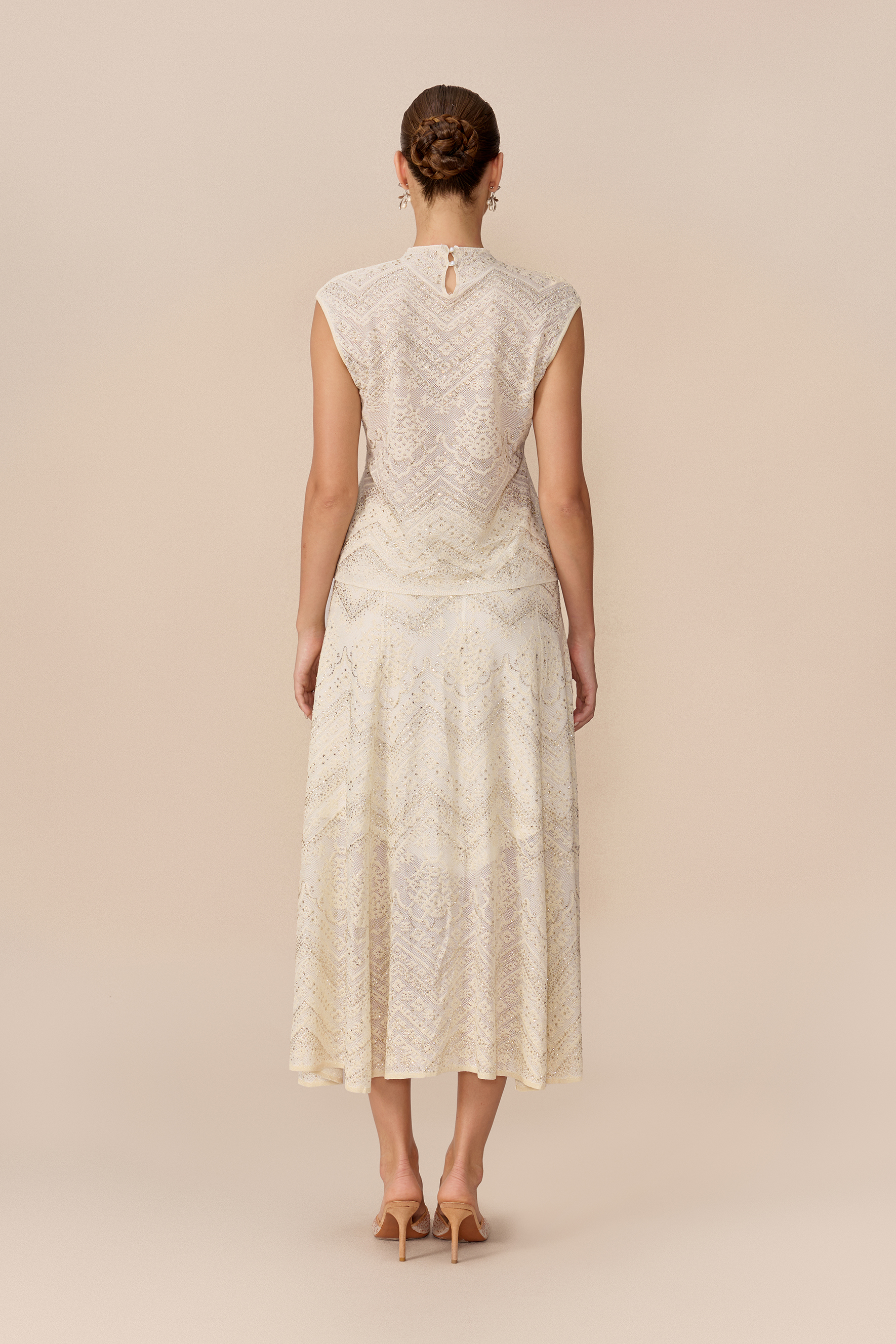 Signature Moment Beige Rhinestone Embellished Top & Skirt Set