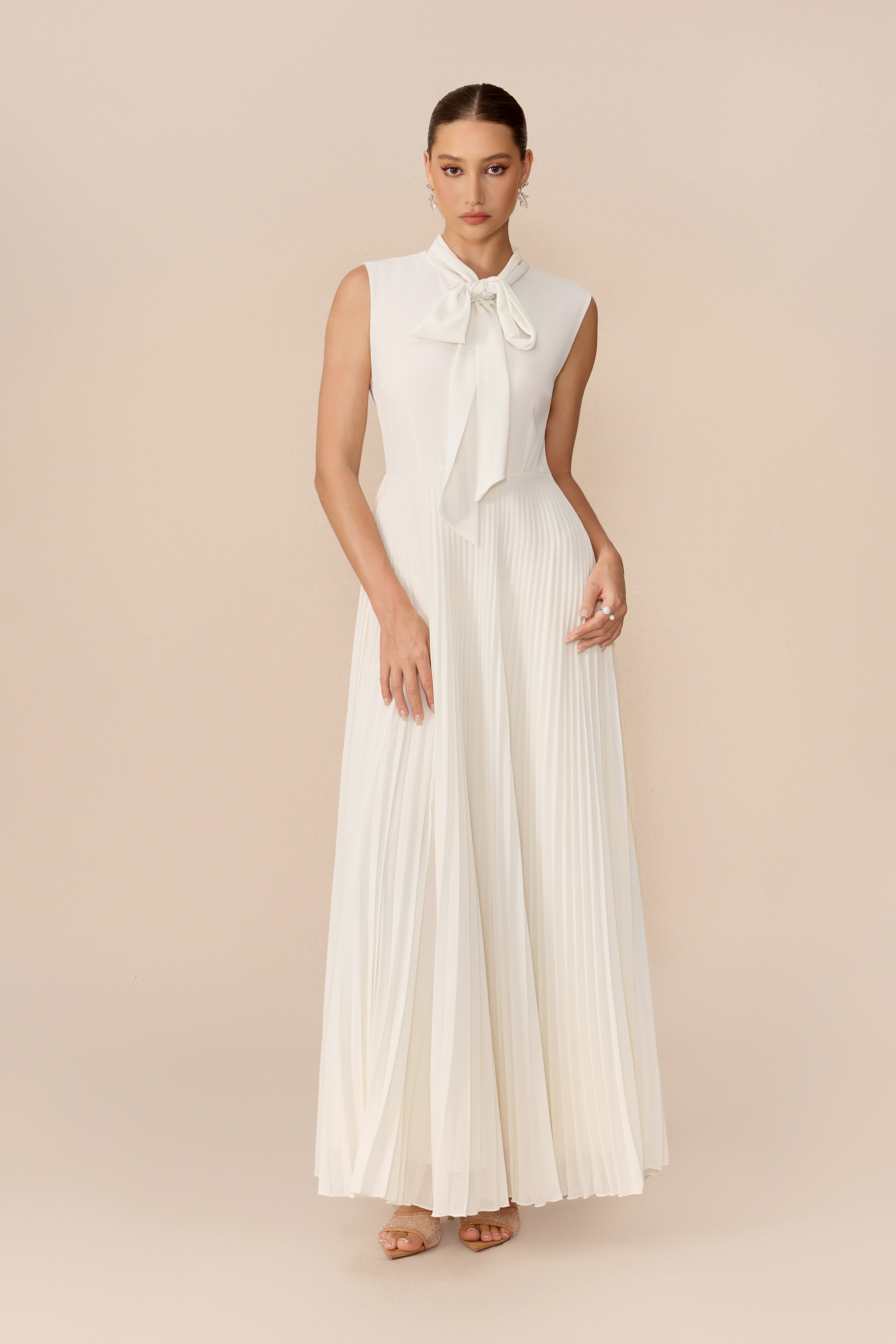 Special Guest Beige Sequin Embellished Lace Top & Pleated Skirt Set