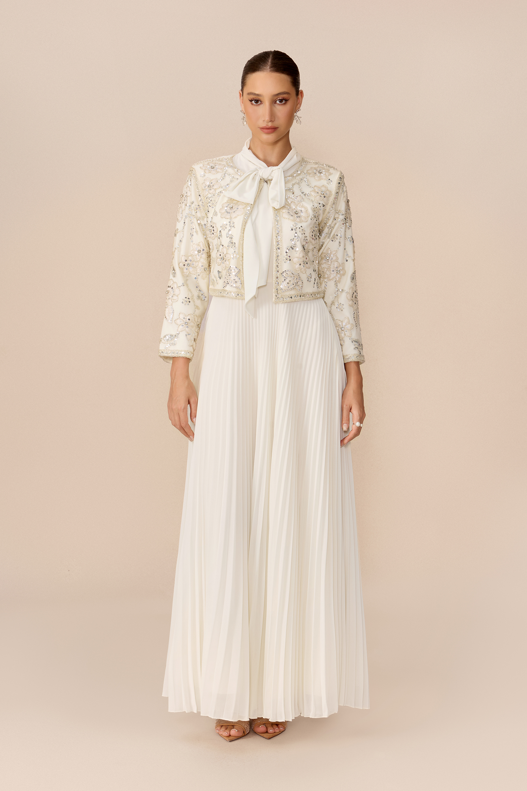 Special Guest Beige Sequin Embellished Lace Top & Pleated Skirt Set