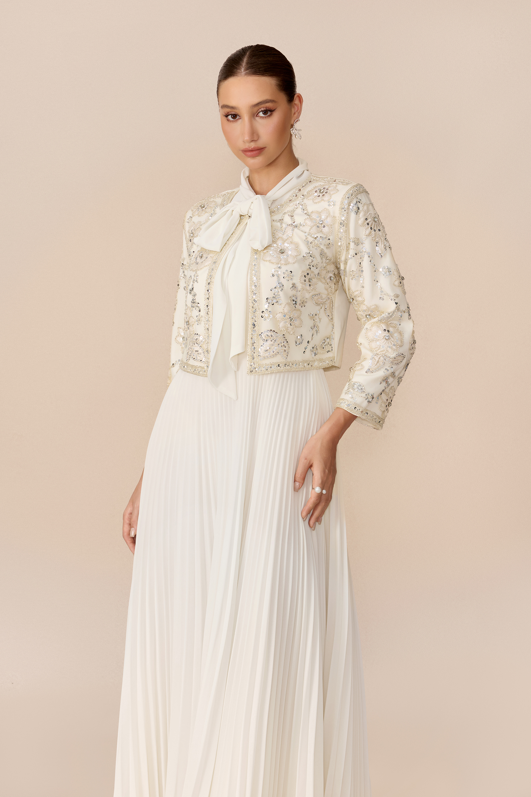 Special Guest Beige Sequin Embellished Lace Top & Pleated Skirt Set