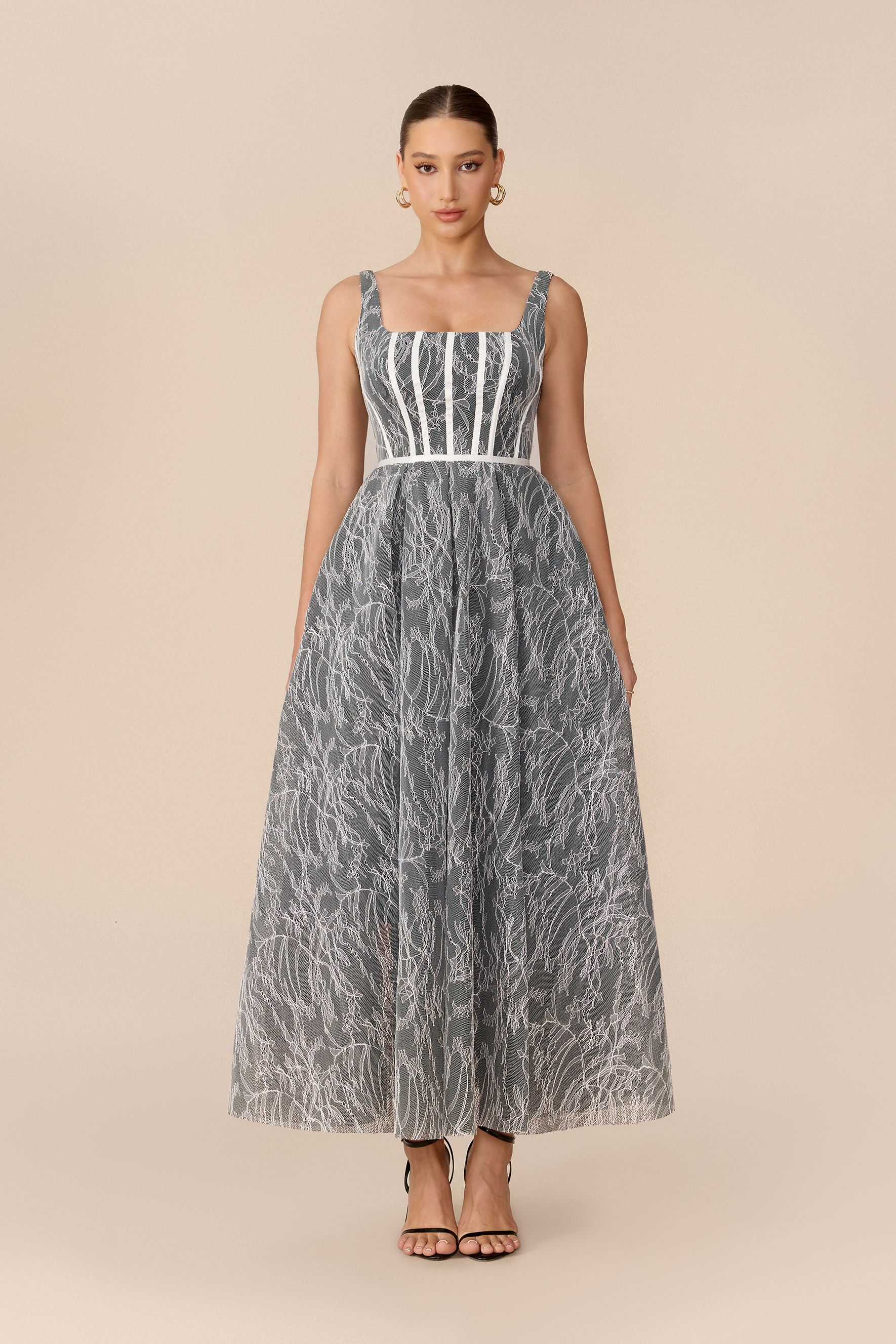 Forever Feminine Grey Square Neck Lace Maxi Dress