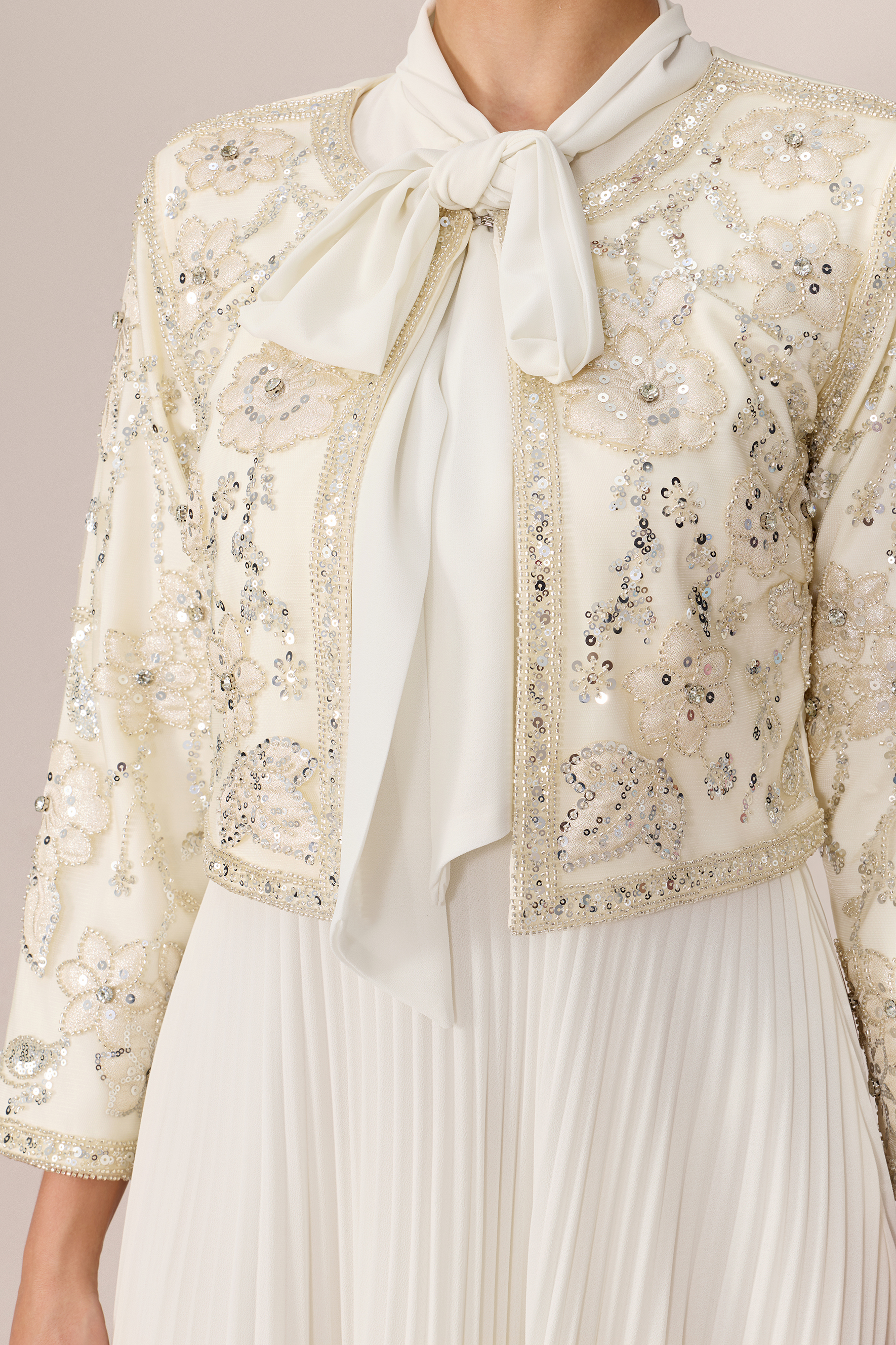 Special Guest Beige Sequin Embellished Lace Top & Pleated Skirt Set