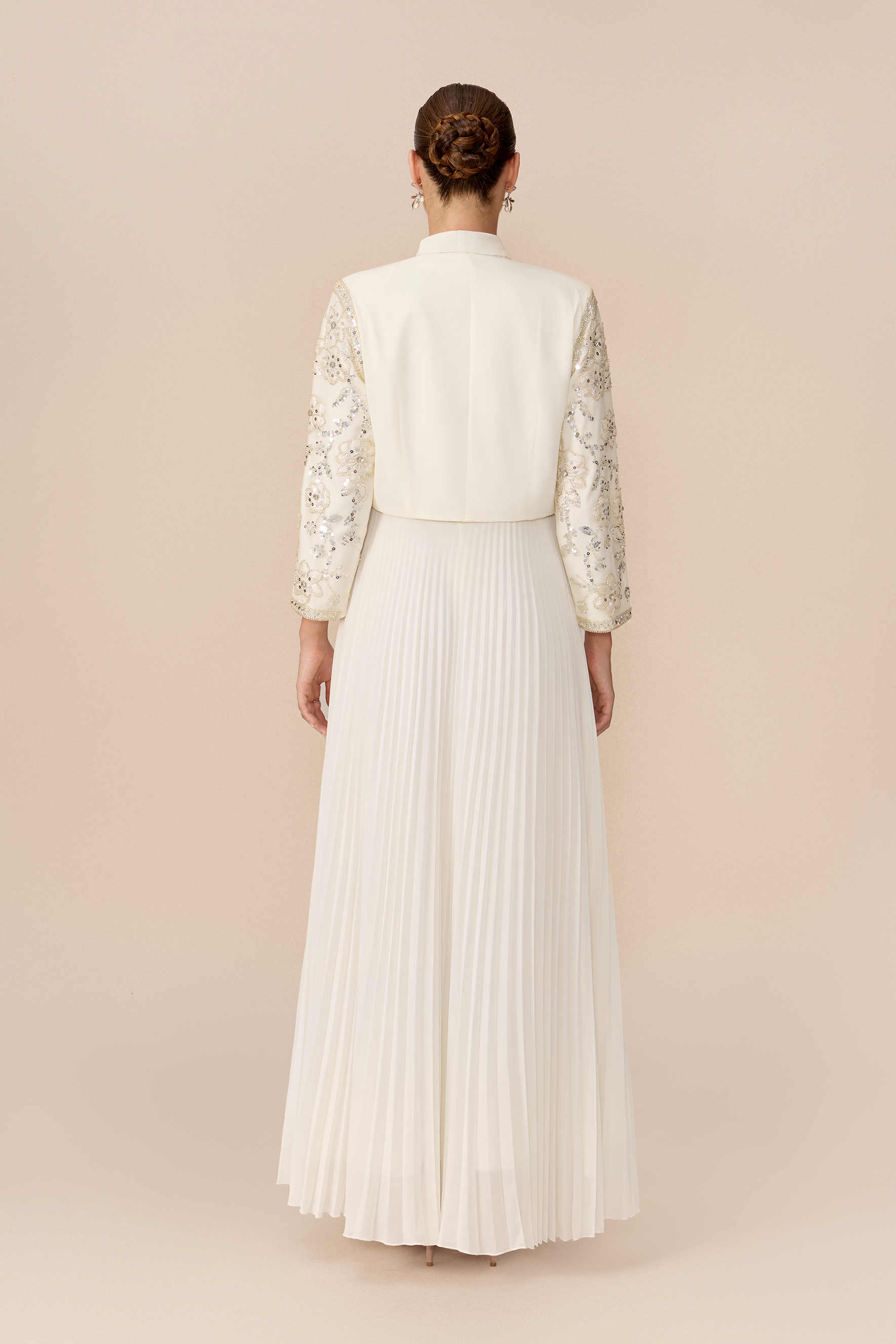 Special Guest Beige Sequin Embellished Lace Top & Pleated Skirt Set