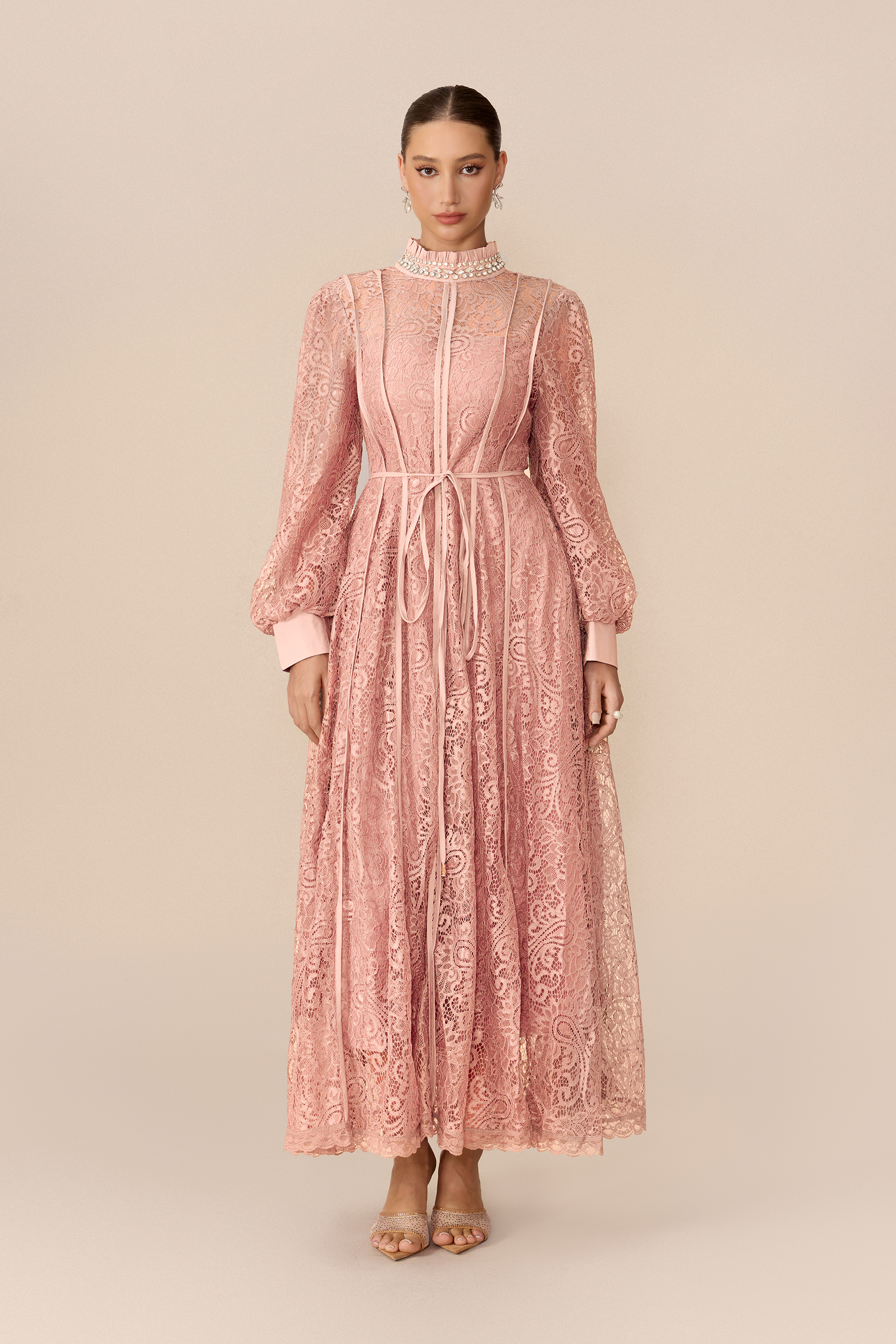 Romantic Evening Embellished Balloon Sleeve Lace Maxi Dress