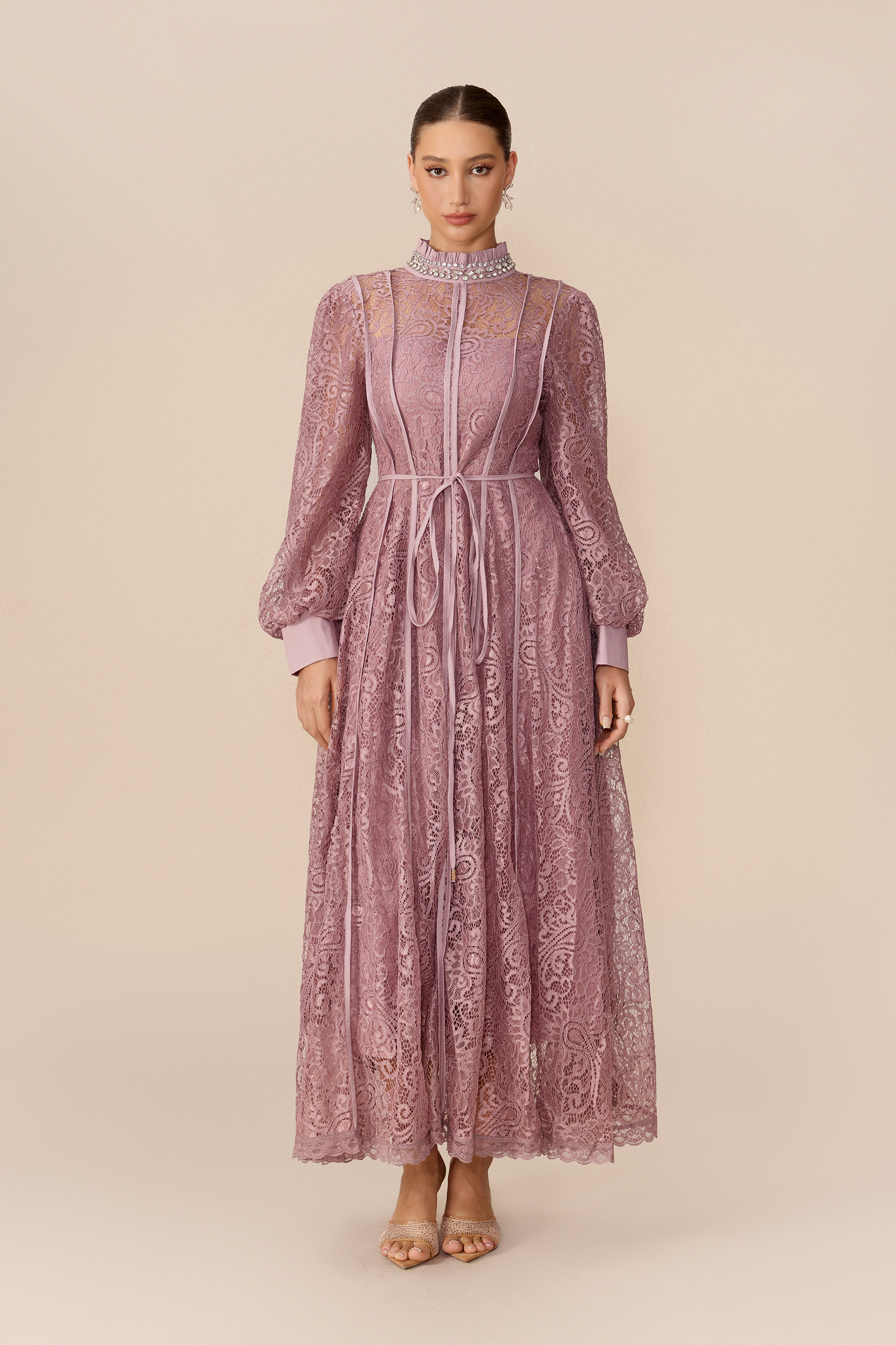 Romantic Evening Purple Embellished Balloon Sleeve Lace Maxi Dress
