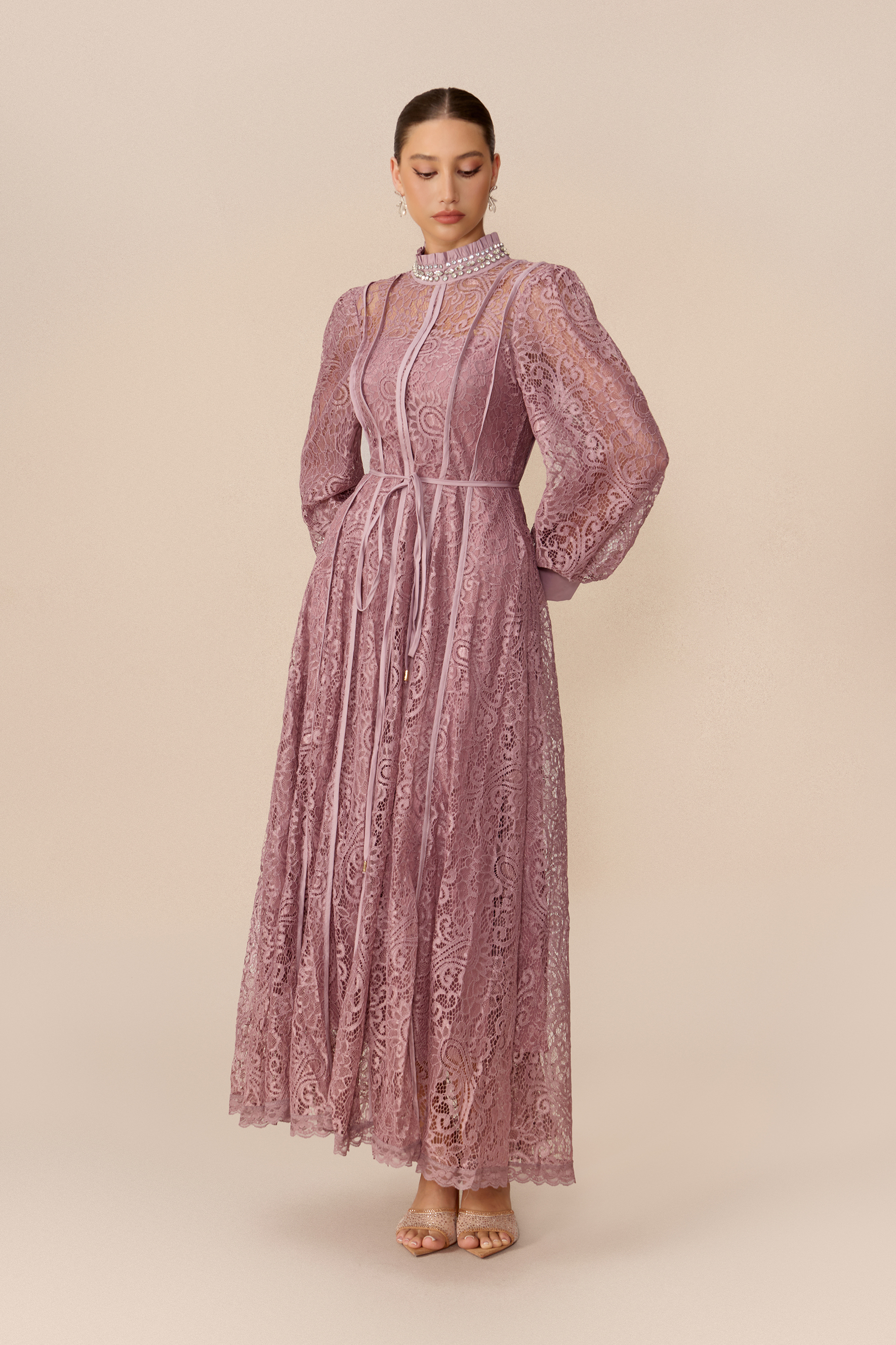 Romantic Evening Purple Embellished Balloon Sleeve Lace Maxi Dress