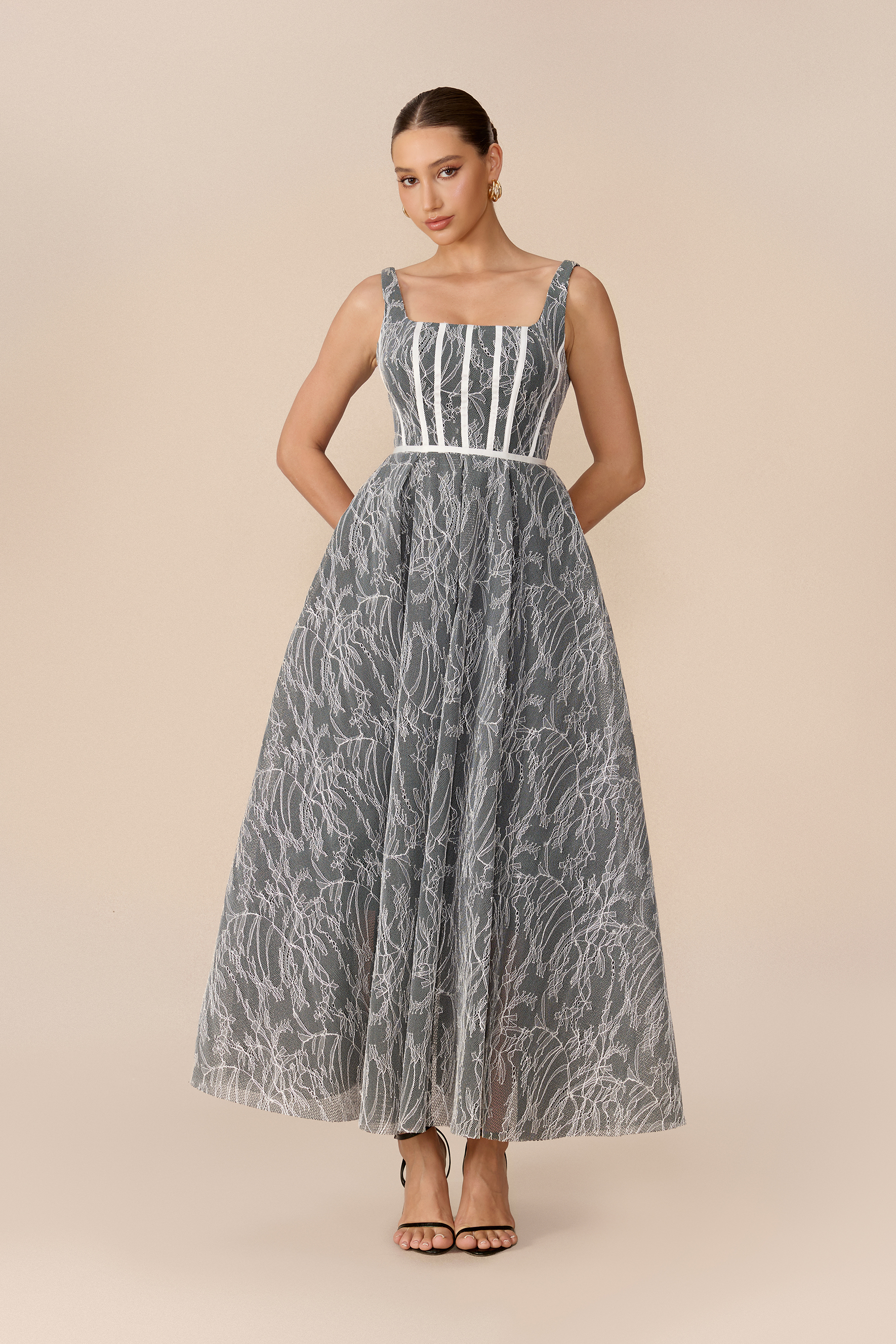 Forever Feminine Grey Square Neck Lace Maxi Dress
