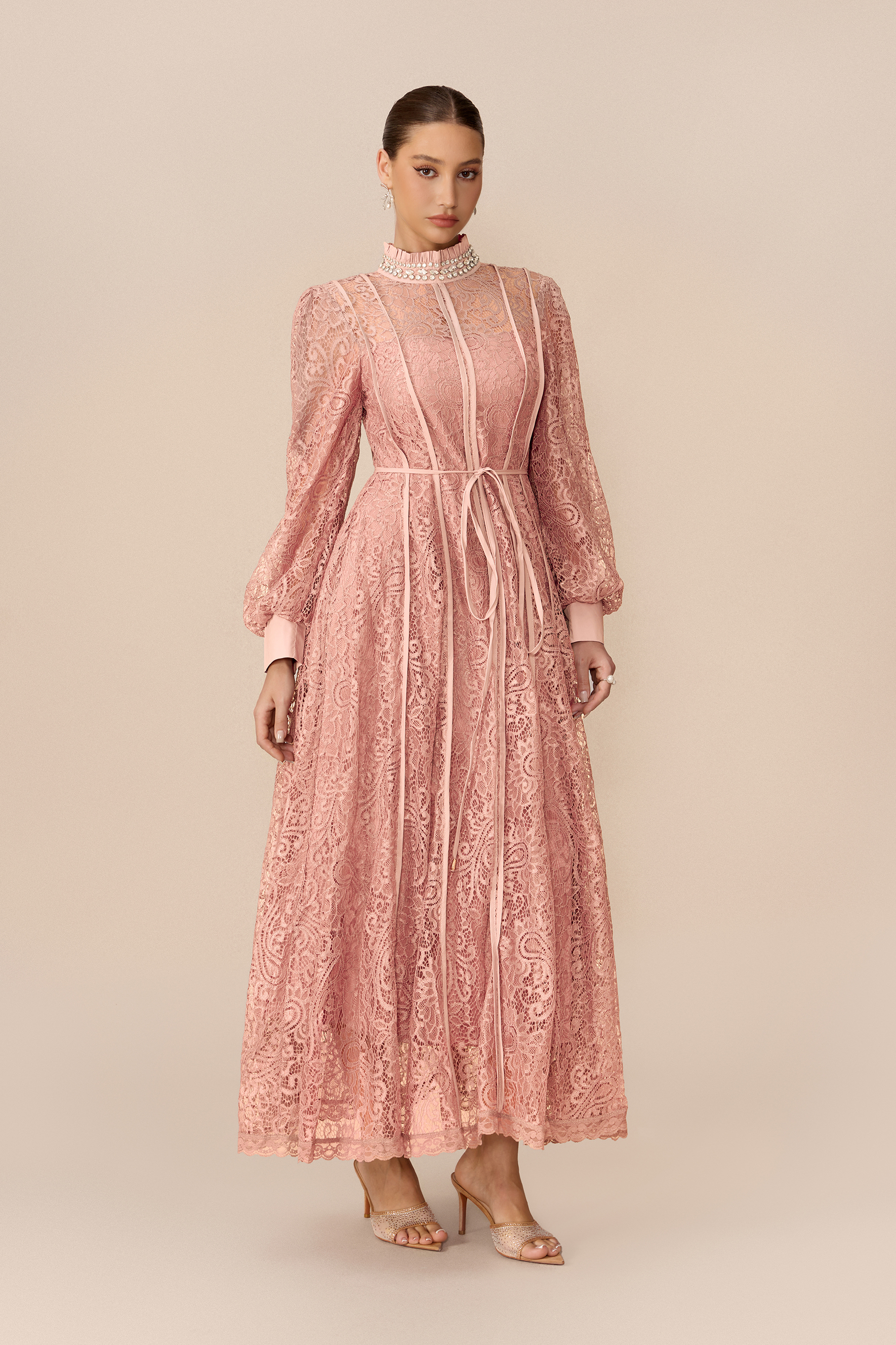 Romantic Evening Embellished Balloon Sleeve Lace Maxi Dress