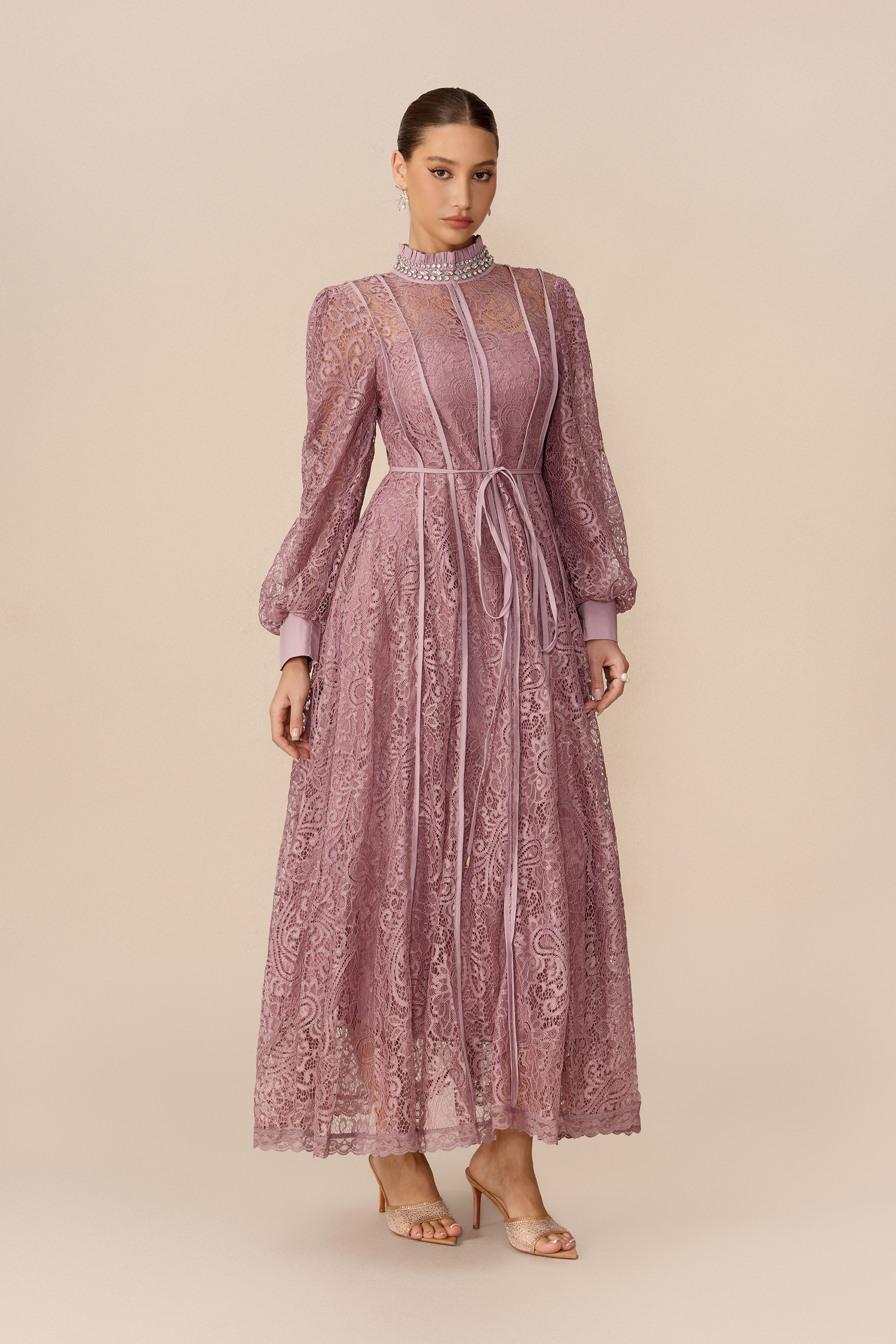 Romantic Evening Purple Embellished Balloon Sleeve Lace Maxi Dress
