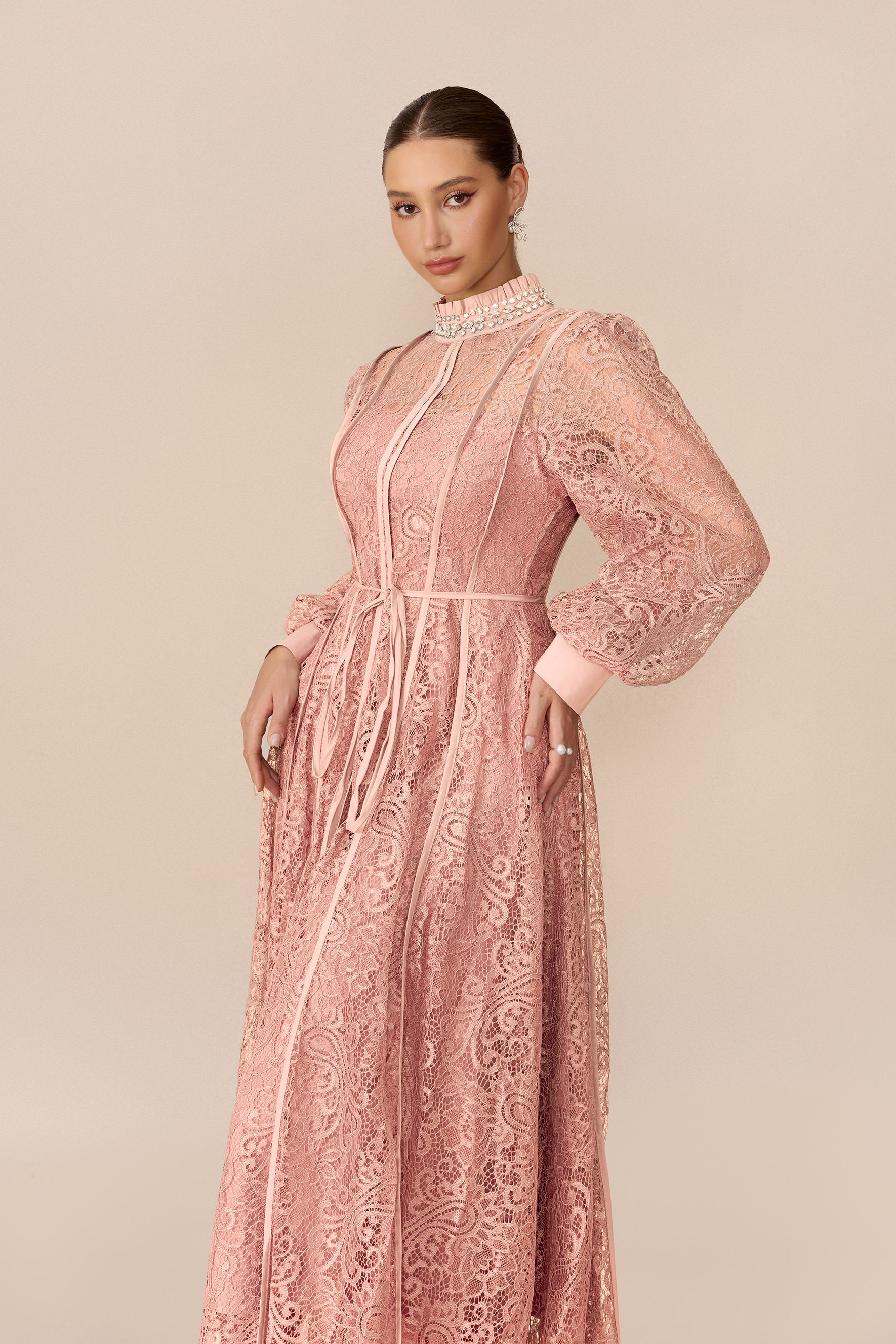 Romantic Evening Embellished Balloon Sleeve Lace Maxi Dress