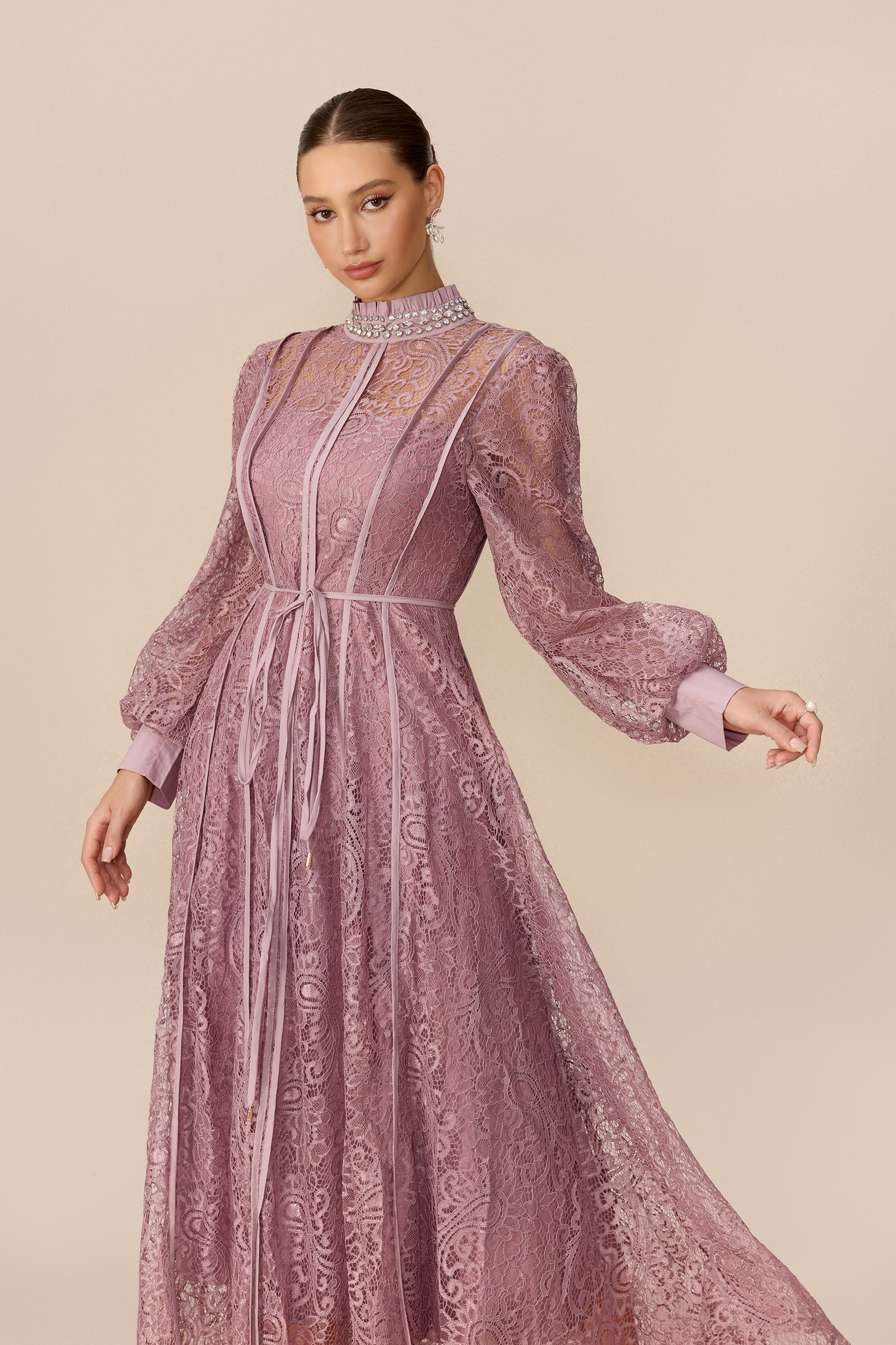 Romantic Evening Purple Embellished Balloon Sleeve Lace Maxi Dress