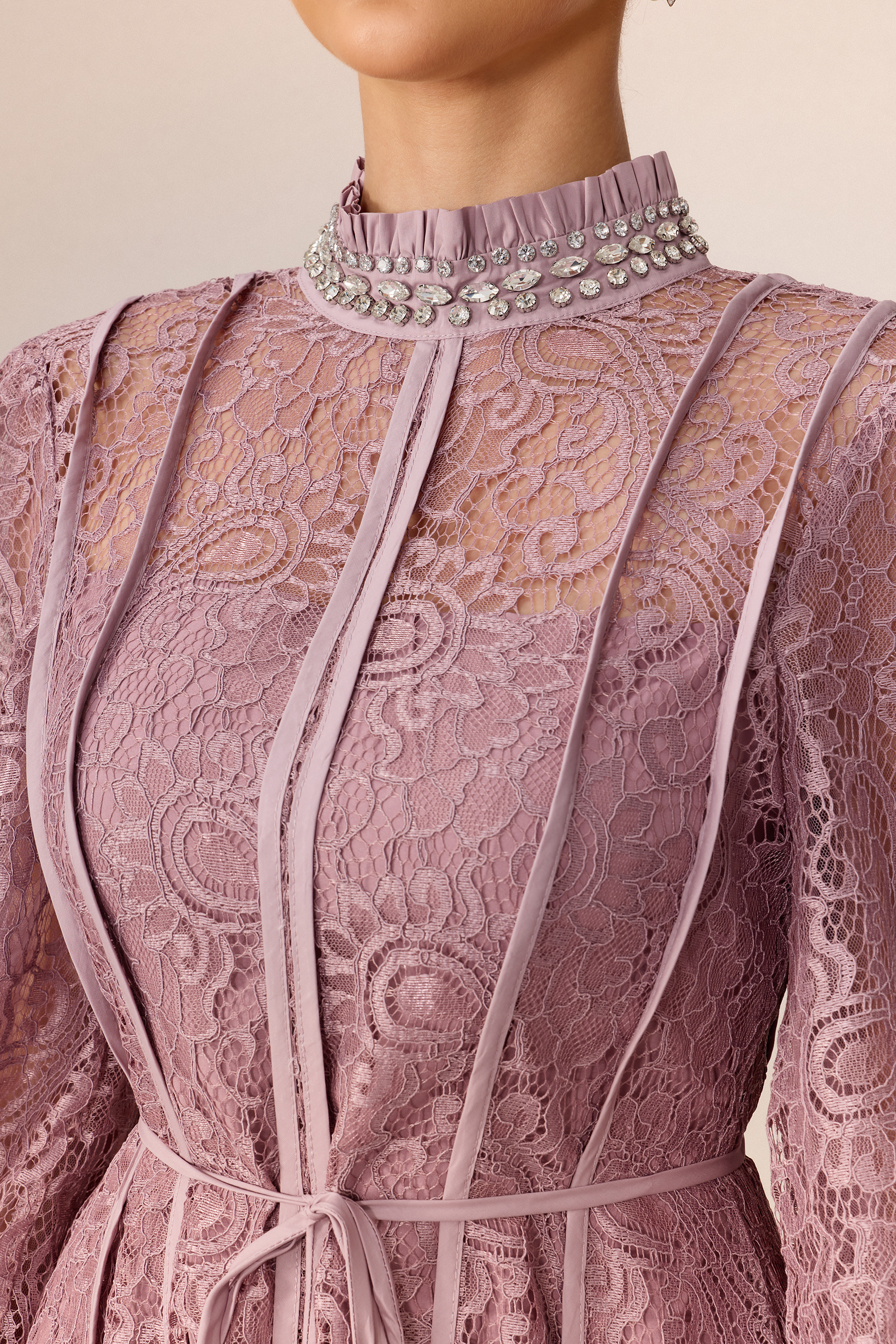 Romantic Evening Purple Embellished Balloon Sleeve Lace Maxi Dress