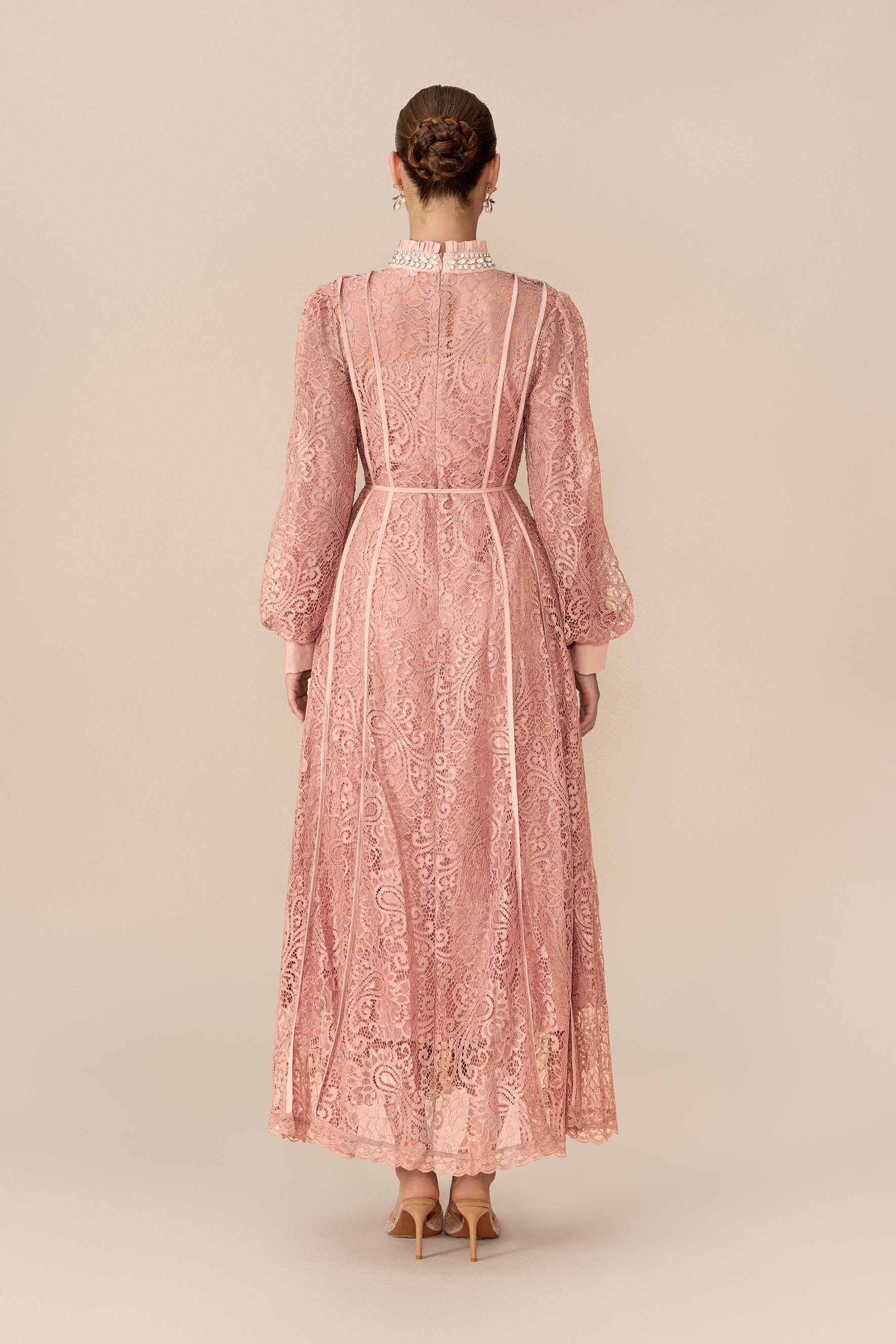 Romantic Evening Embellished Balloon Sleeve Lace Maxi Dress
