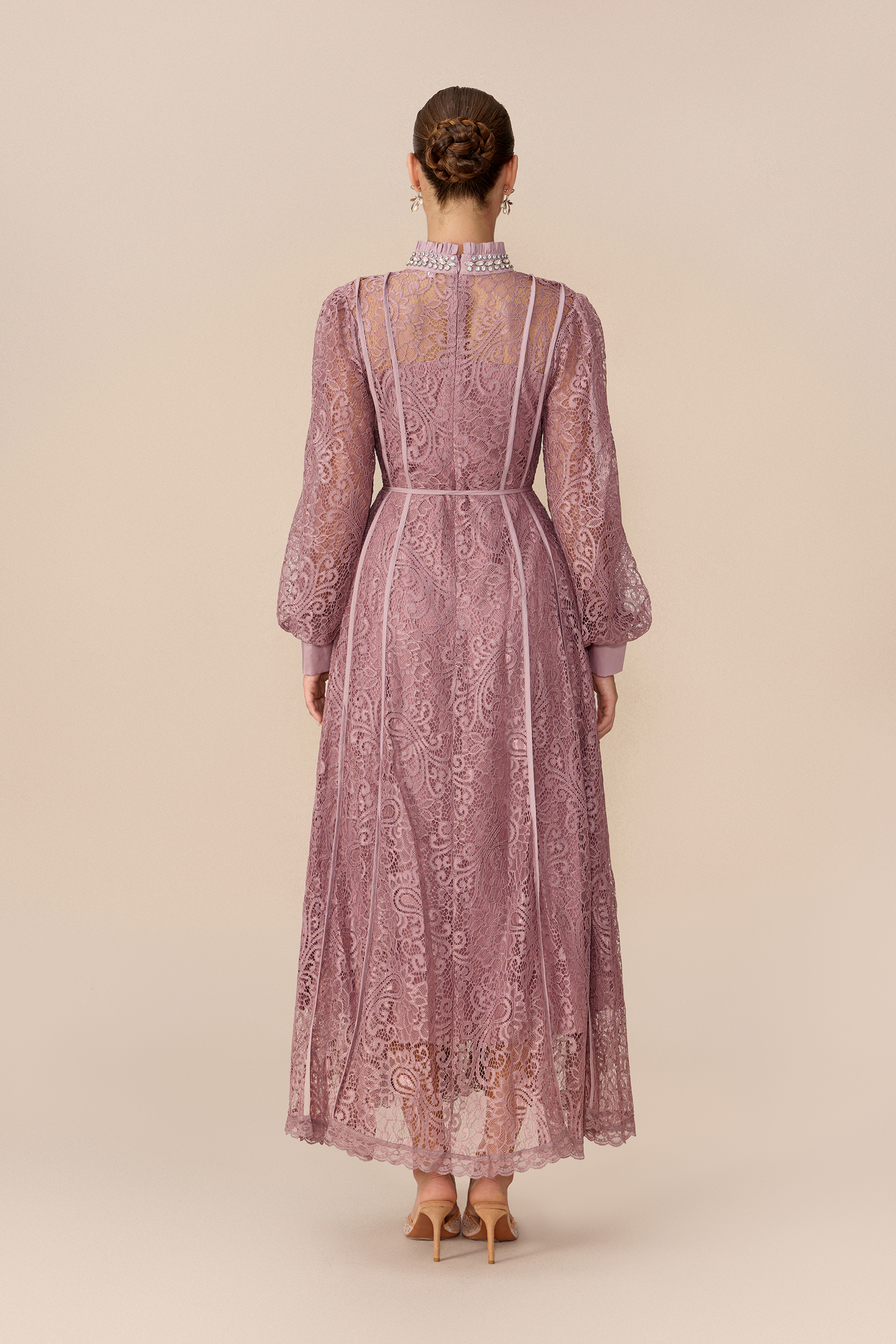 Romantic Evening Purple Embellished Balloon Sleeve Lace Maxi Dress