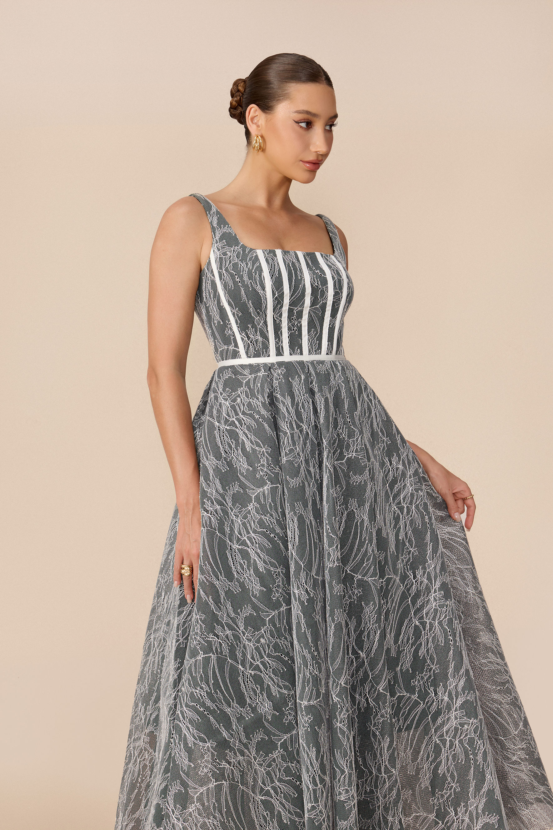 Forever Feminine Grey Square Neck Lace Maxi Dress