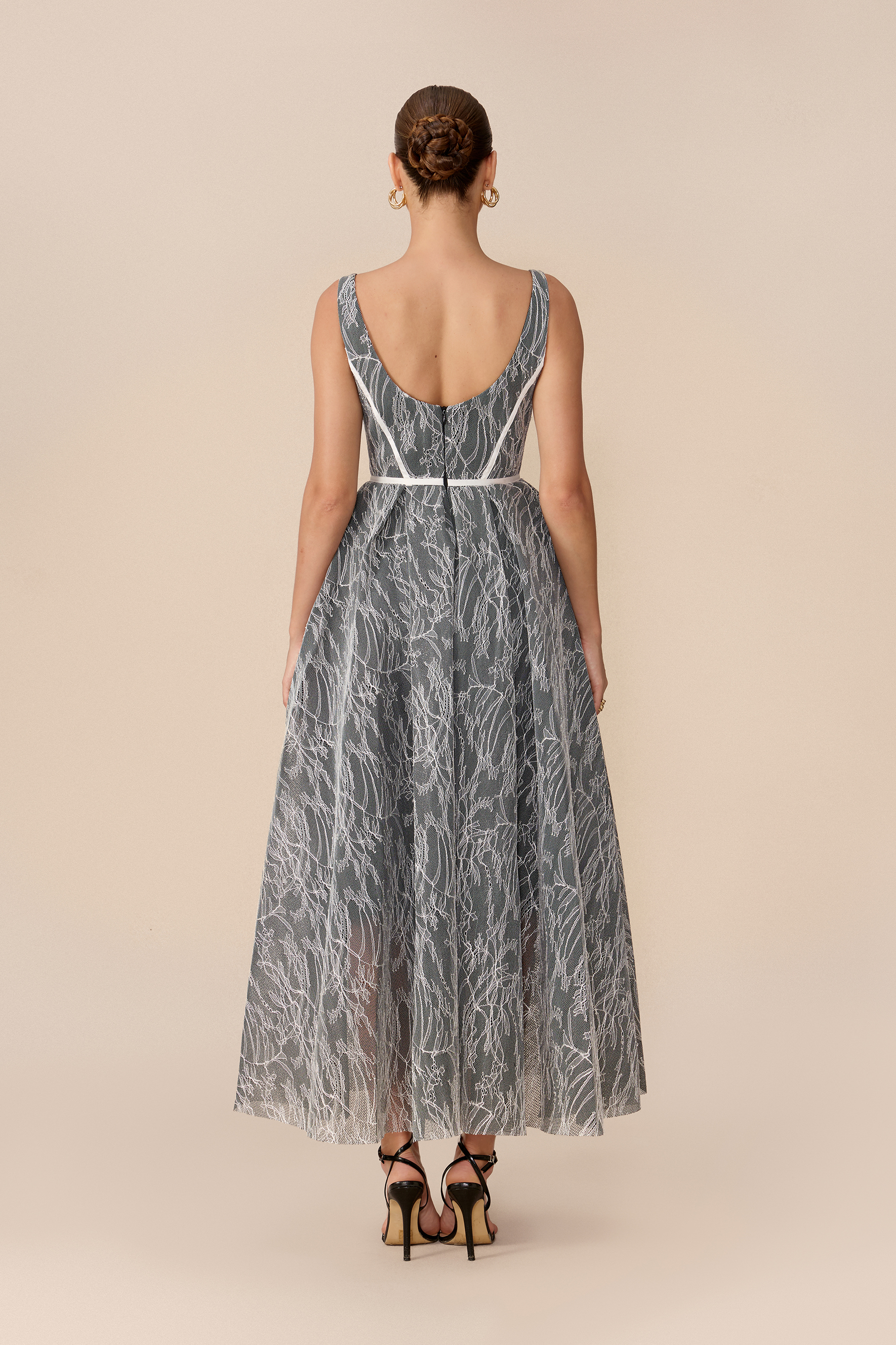 Forever Feminine Grey Square Neck Lace Maxi Dress