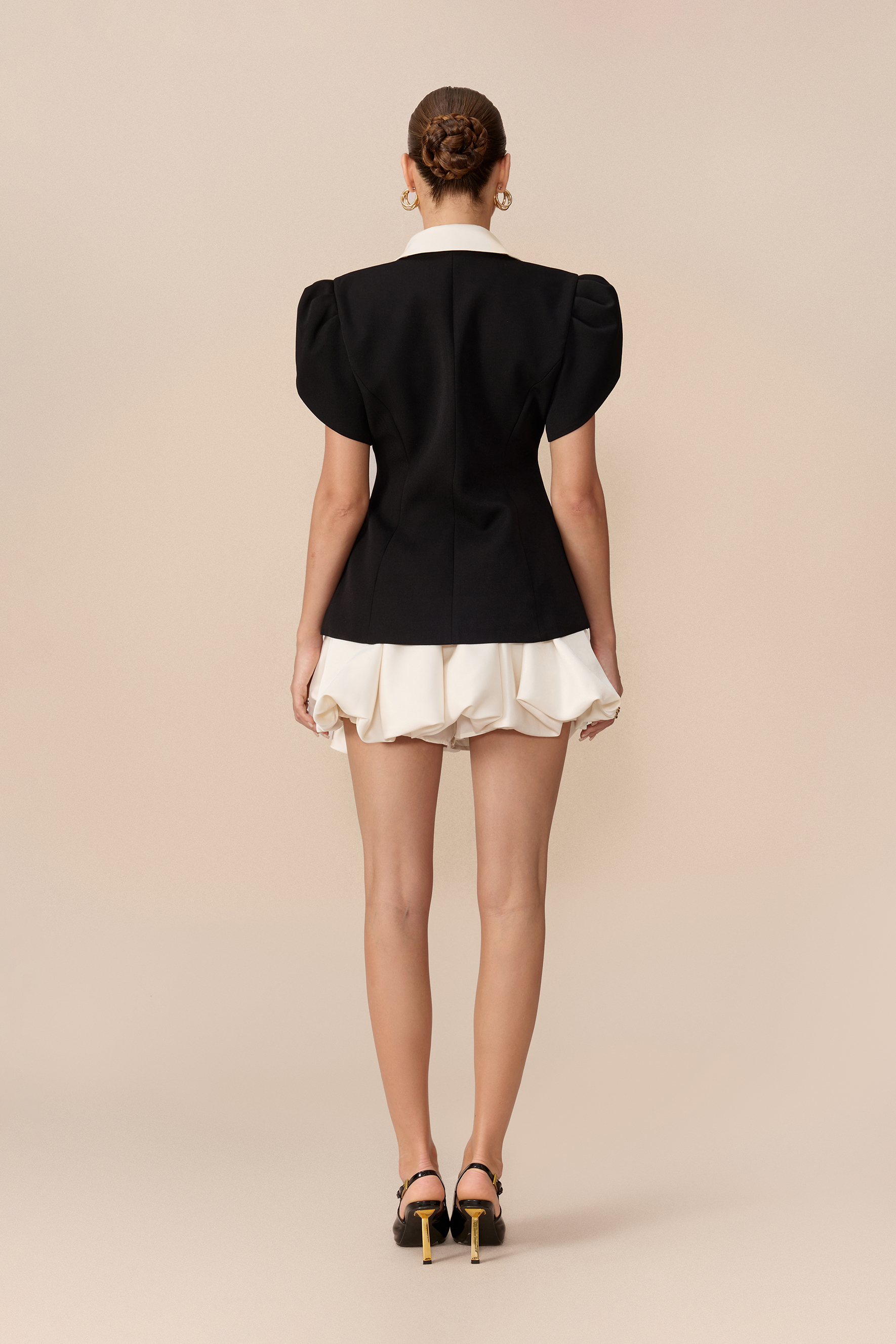 Retro Sweetheart Black Contrast Lapel Puff Sleeve Top & Bubble Skirt Set