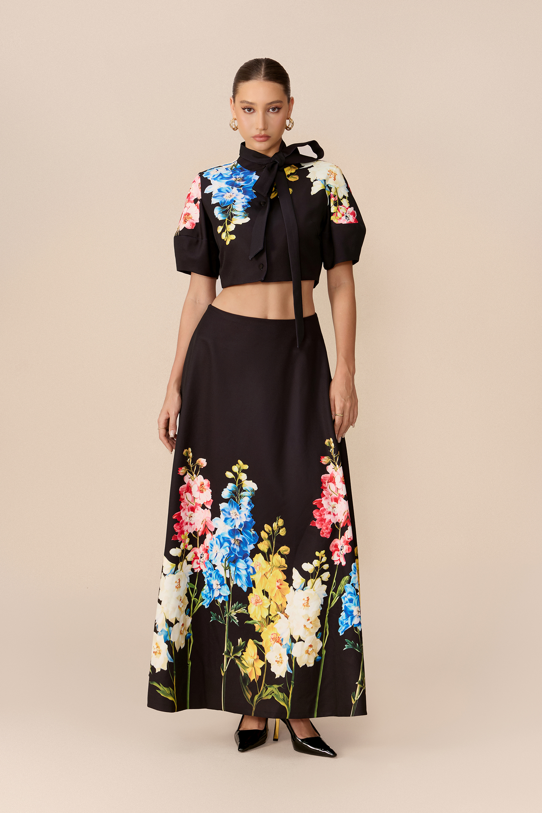Garden Affair Black Floral Print Tie Neck Crop Top & Skirt Set