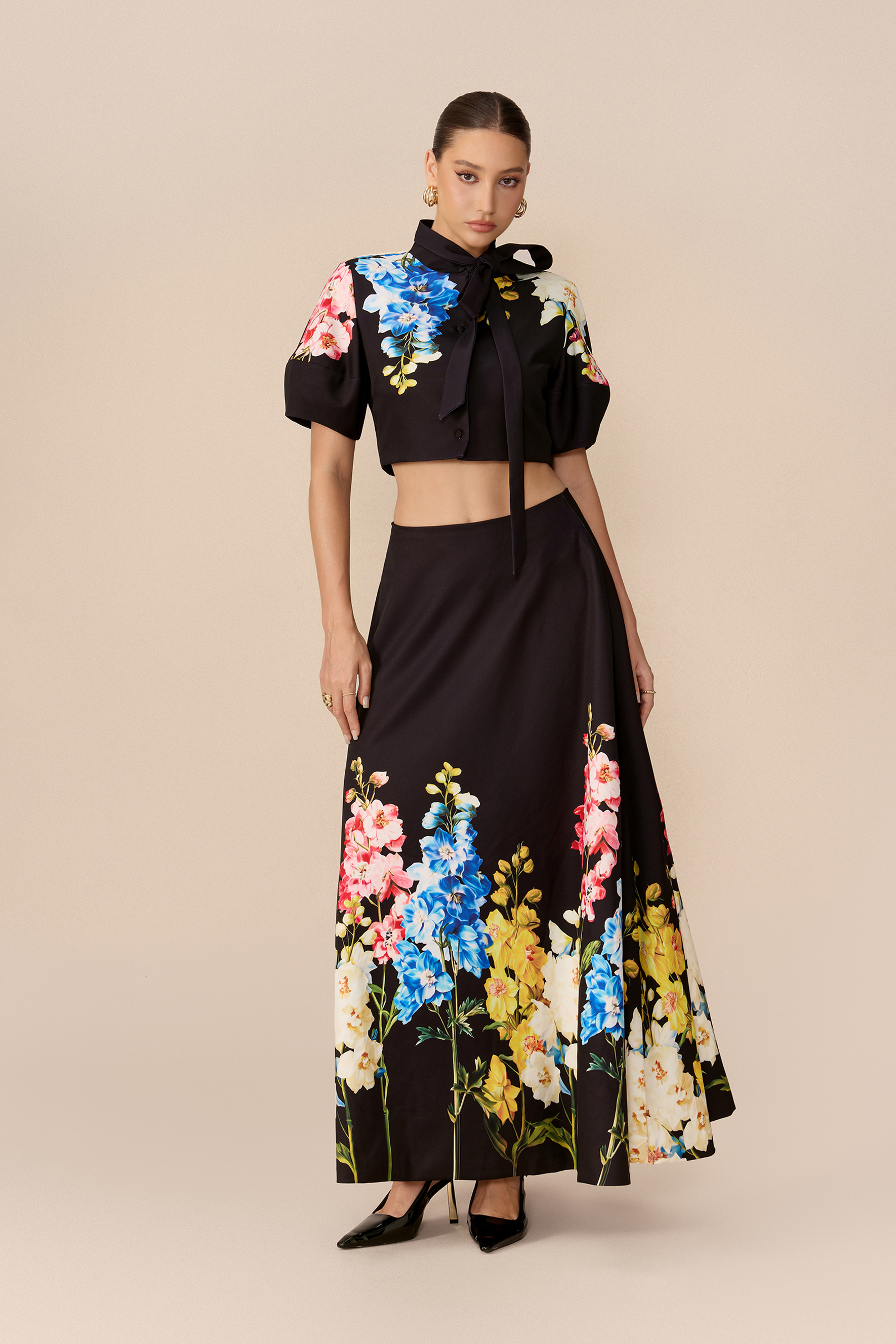 Garden Affair Black Floral Print Tie Neck Crop Top & Skirt Set