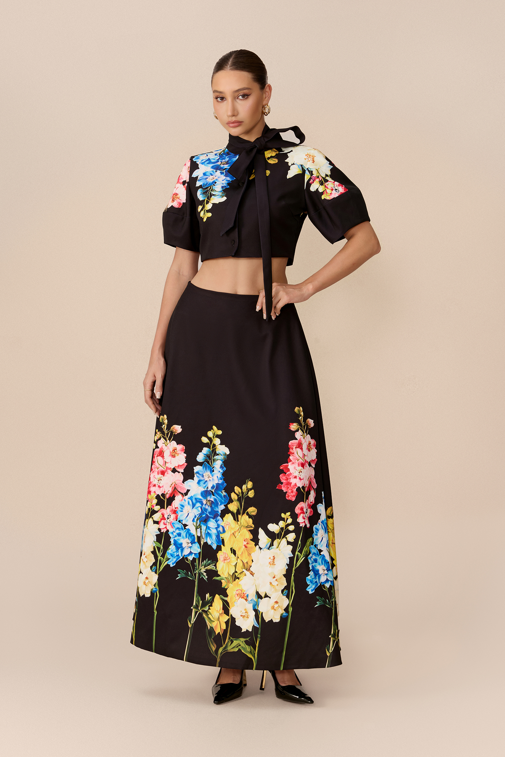 Garden Affair Black Floral Print Tie Neck Crop Top & Skirt Set