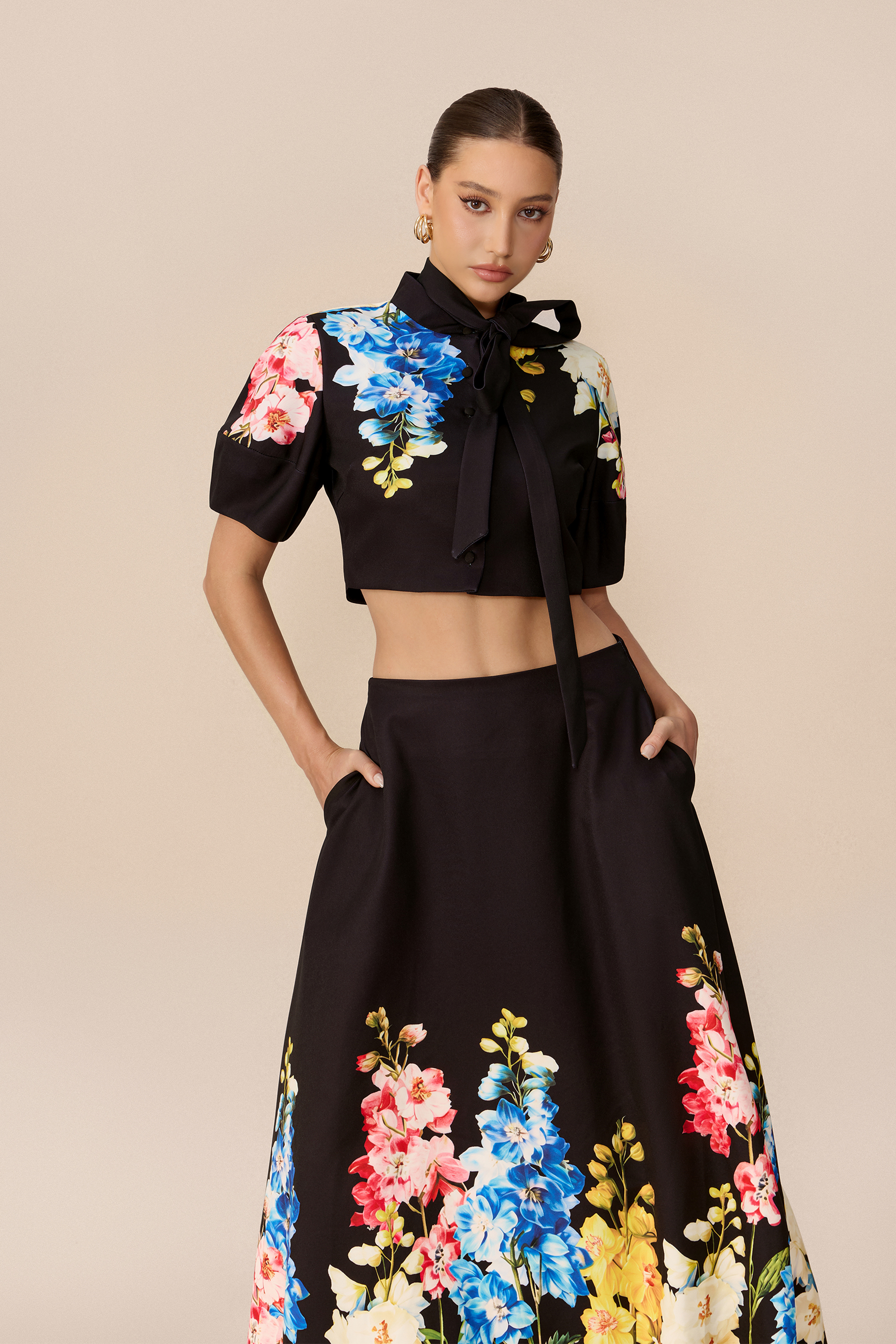 Garden Affair Black Floral Print Tie Neck Crop Top & Skirt Set