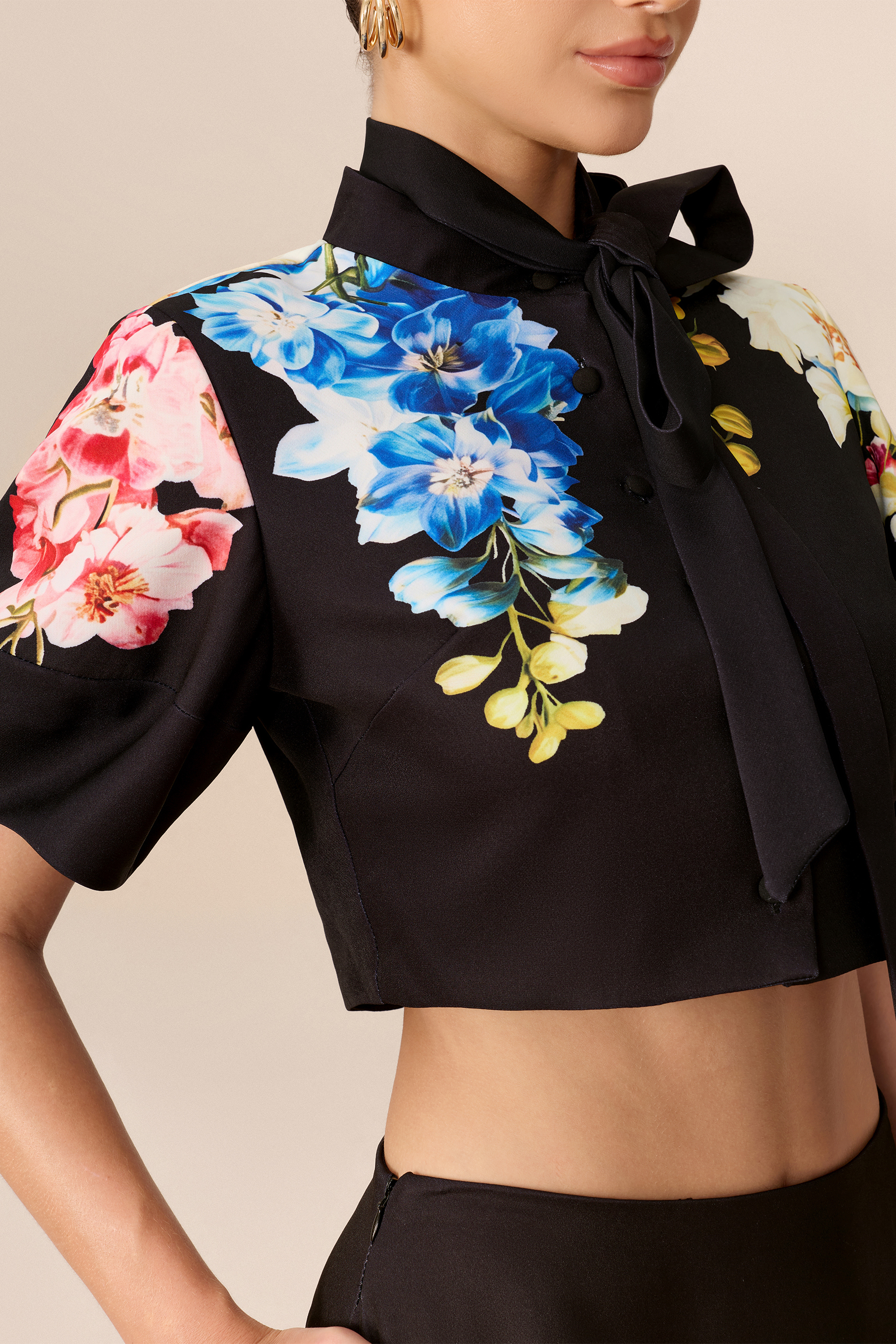 Garden Affair Black Floral Print Tie Neck Crop Top & Skirt Set
