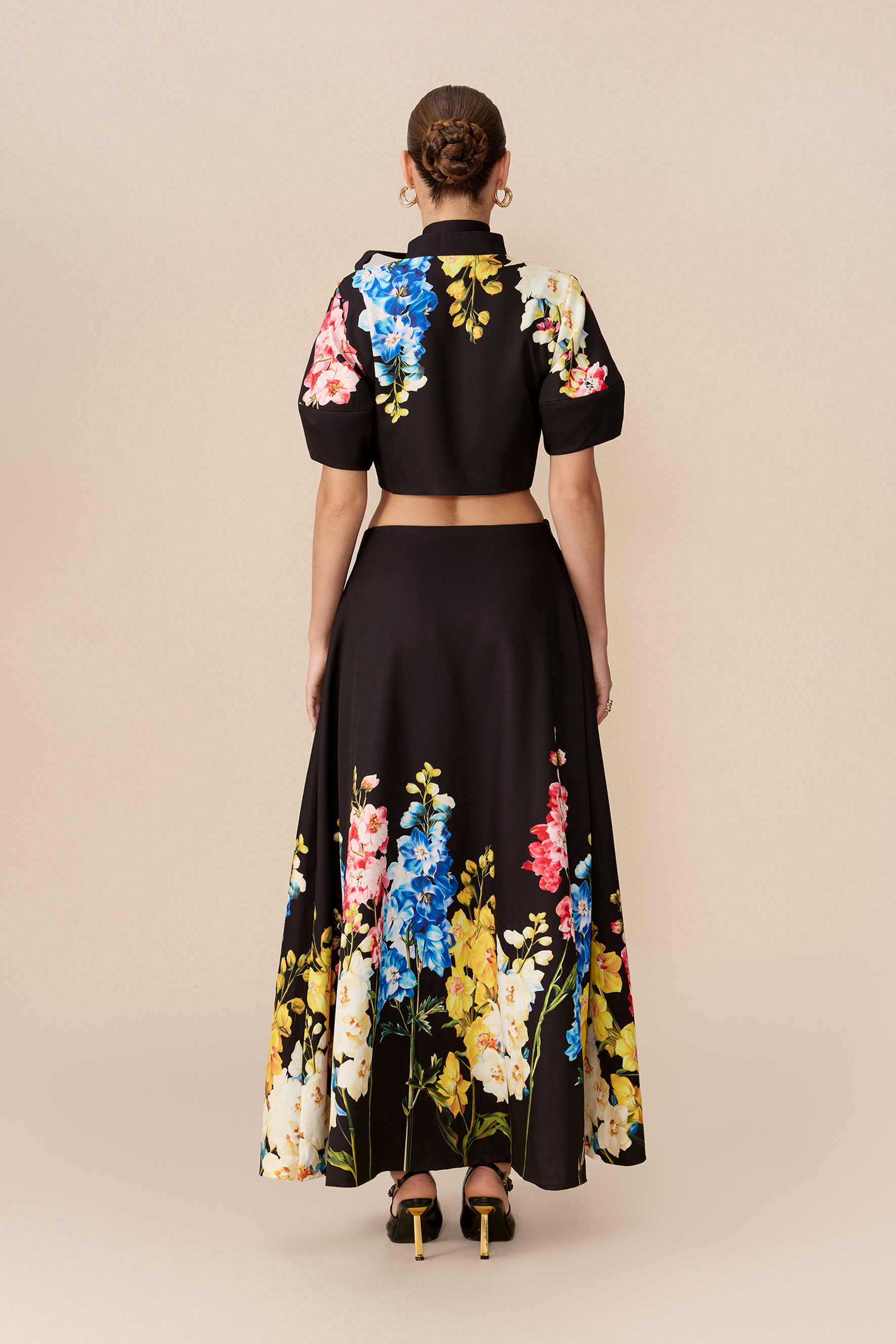 Garden Affair Black Floral Print Tie Neck Crop Top & Skirt Set