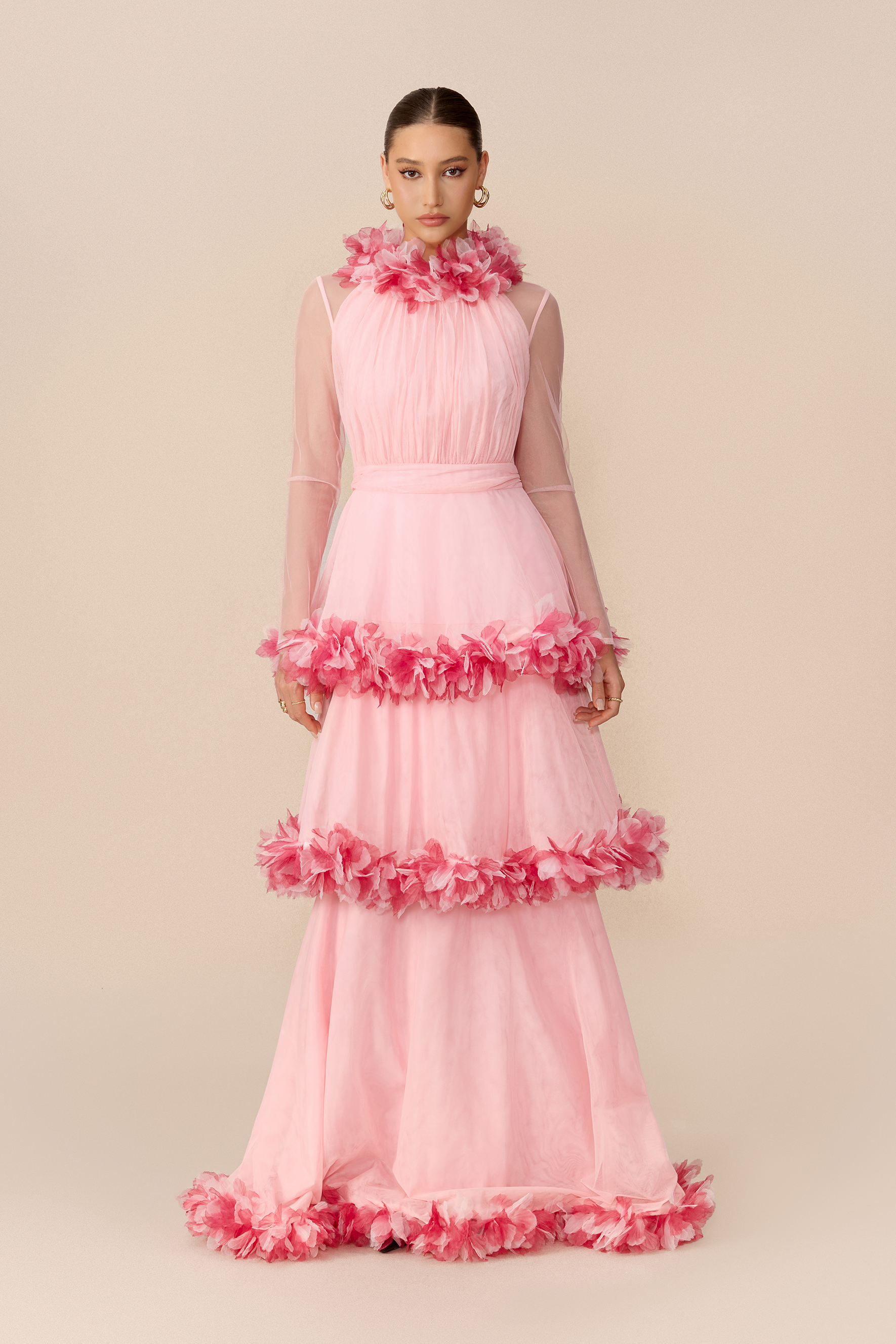 Softly Adored Pink Floral Trim Tiered Maxi Dress